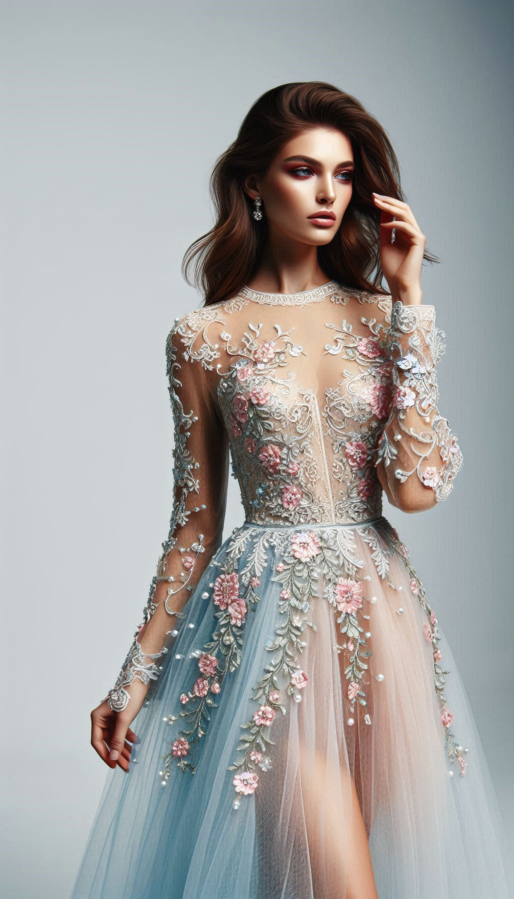 Embrace elegance in a baby blue dress with pastel floral embroidery. Perfect for garden parties or a whimsical day out!