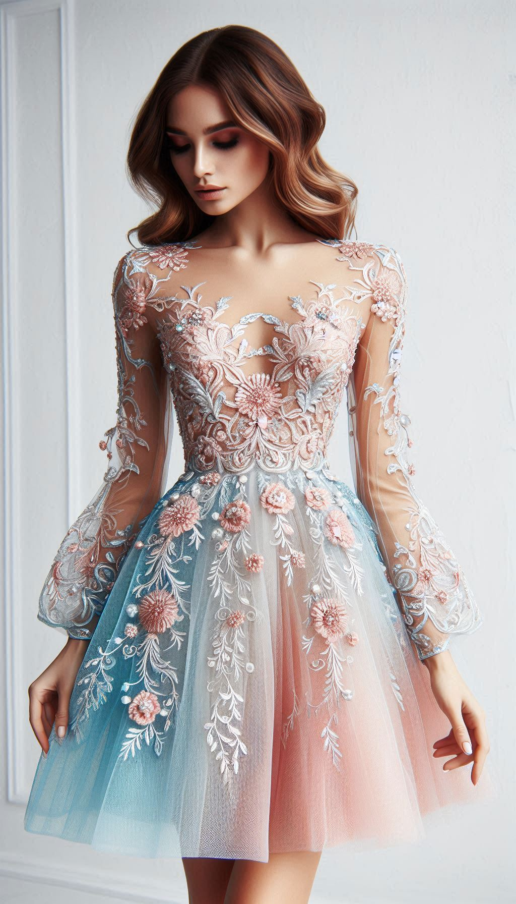 Twirl into style with a baby blue dress and pastel floral embroidery. Perfect for adding a touch of whimsy to your wardrobe!