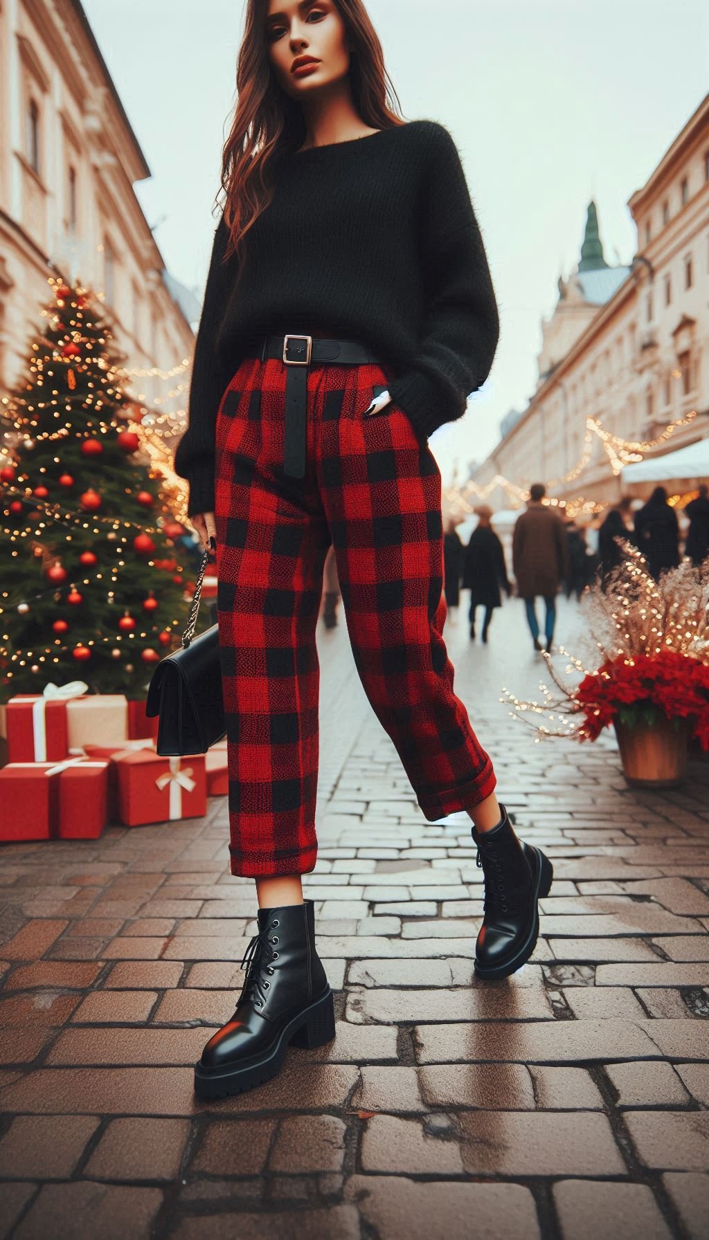 85 Effortlessly Chic Christmas Outfit Ideas That Slay | Pocoko Stay chic and festive in a black sweater paired with red checkered pants. The ultimate outfit for a merry and fashionable holiday!
