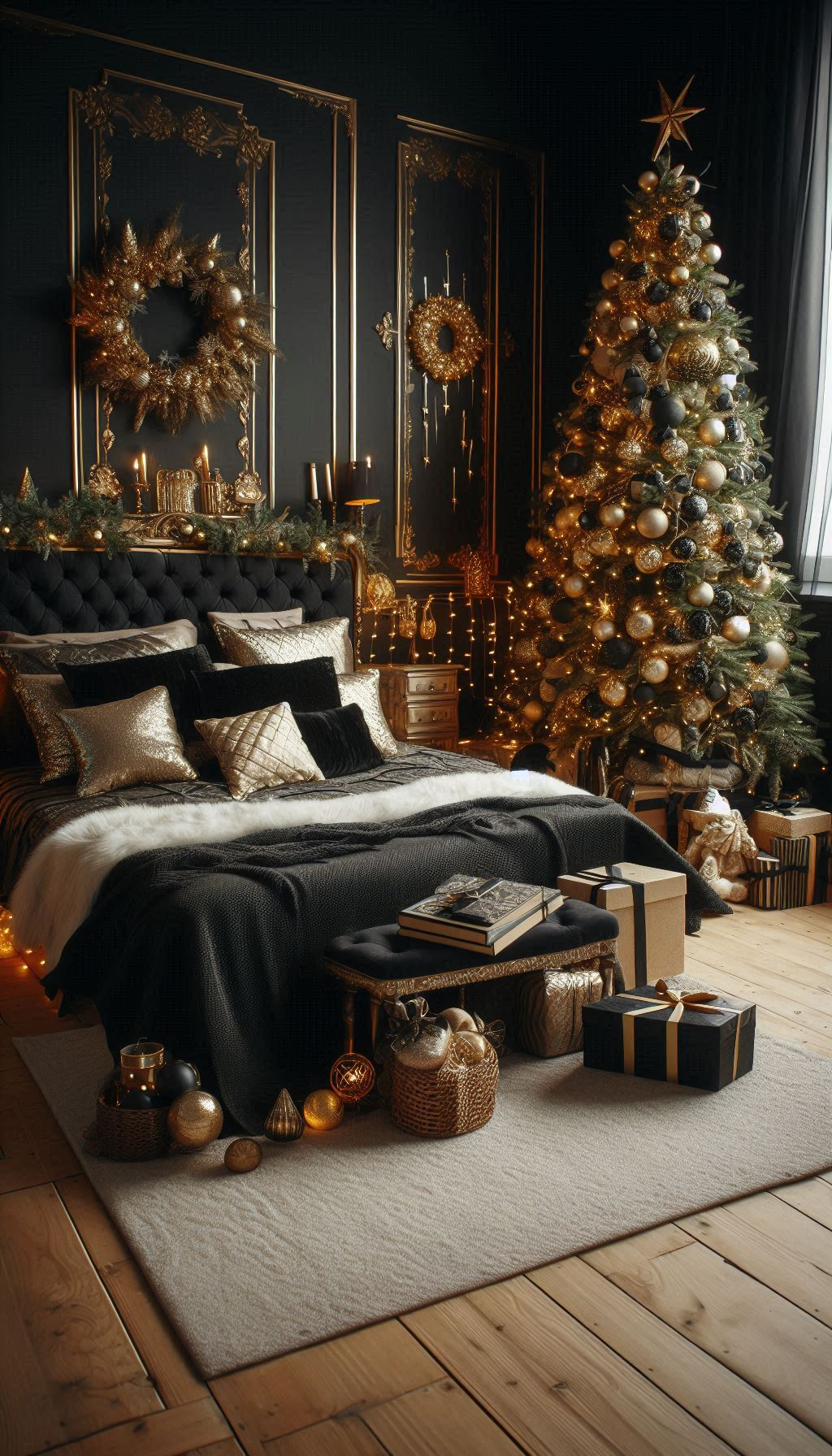 Elevate your holiday style with black and golden Christmas bedroom decorations. Sleek, luxurious, and utterly festive!