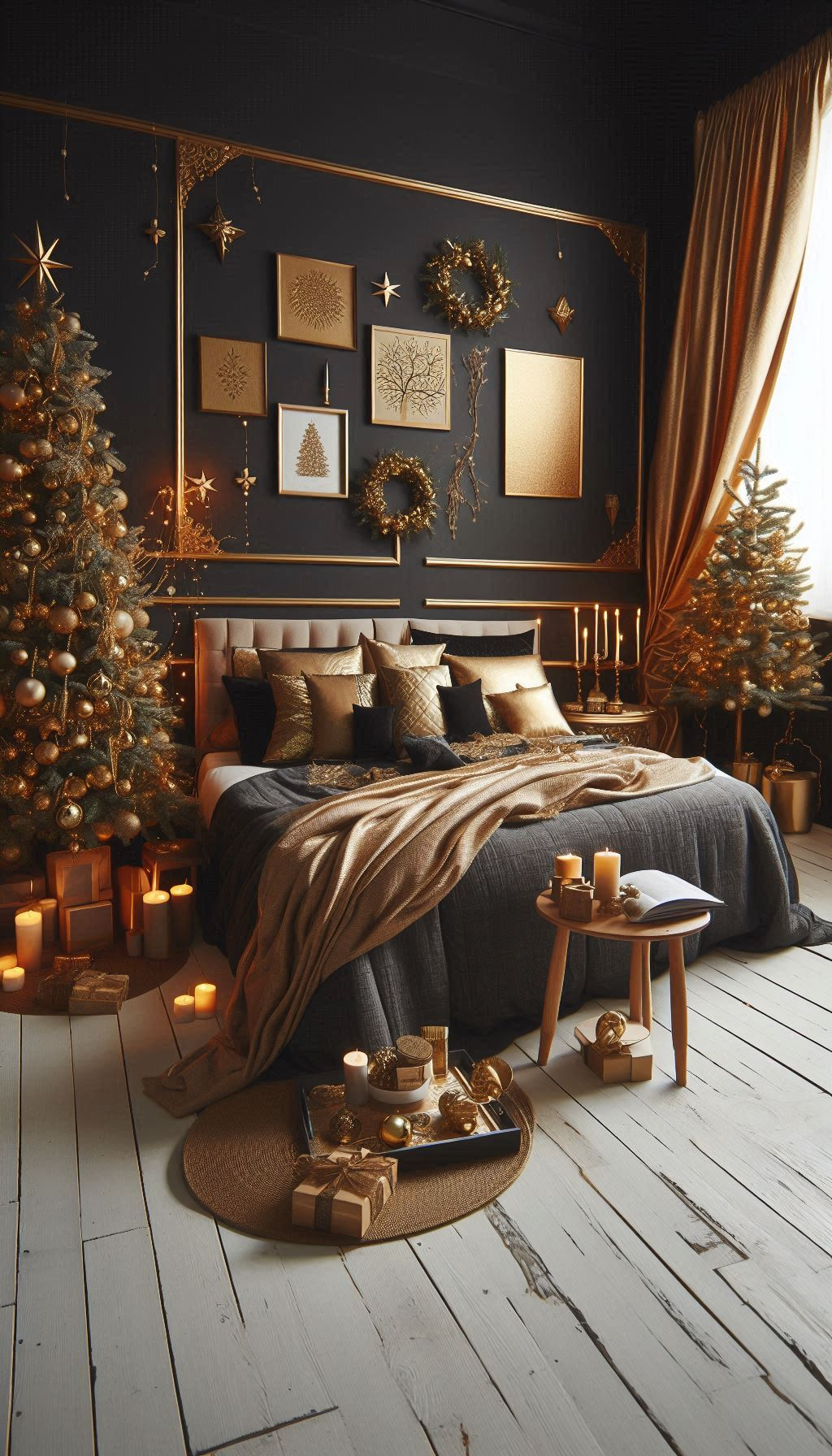 Transform your bedroom with elegant black and gold Christmas decorations. Perfect for a sophisticated and festive look!