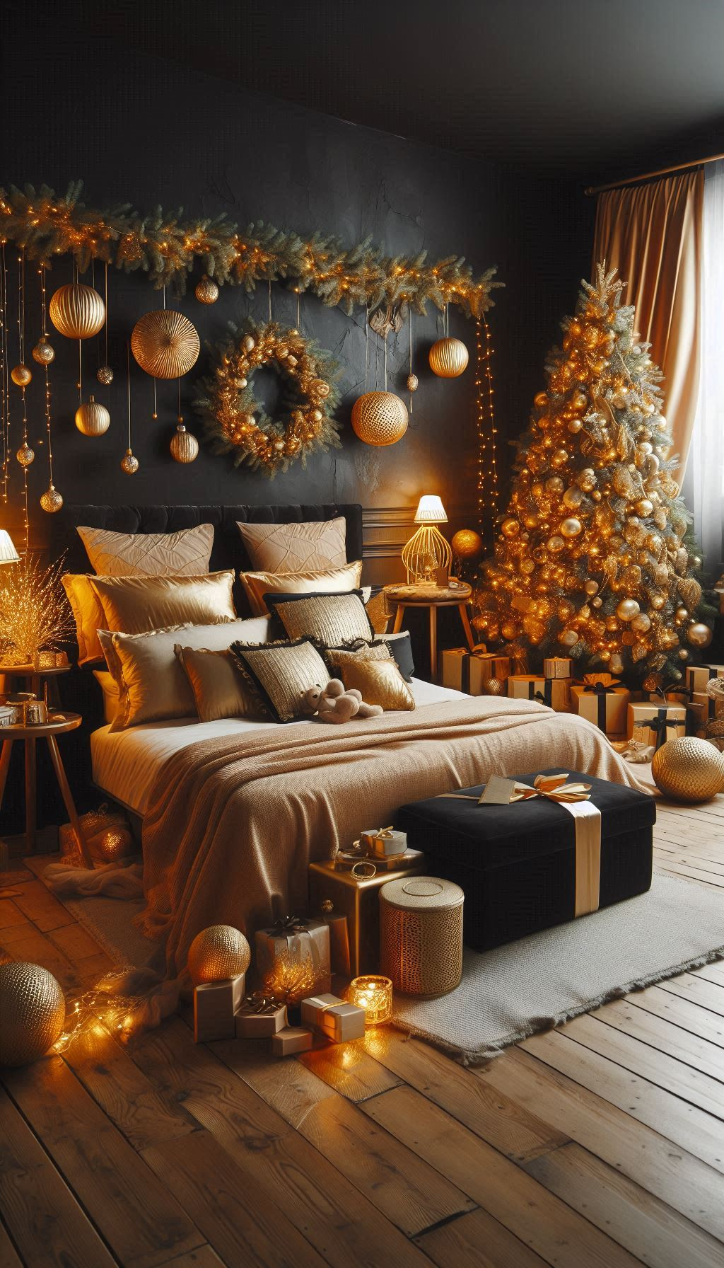 Add a touch of glamour to your holiday decor with black and golden Christmas decorations. Chic, cozy, and festive!