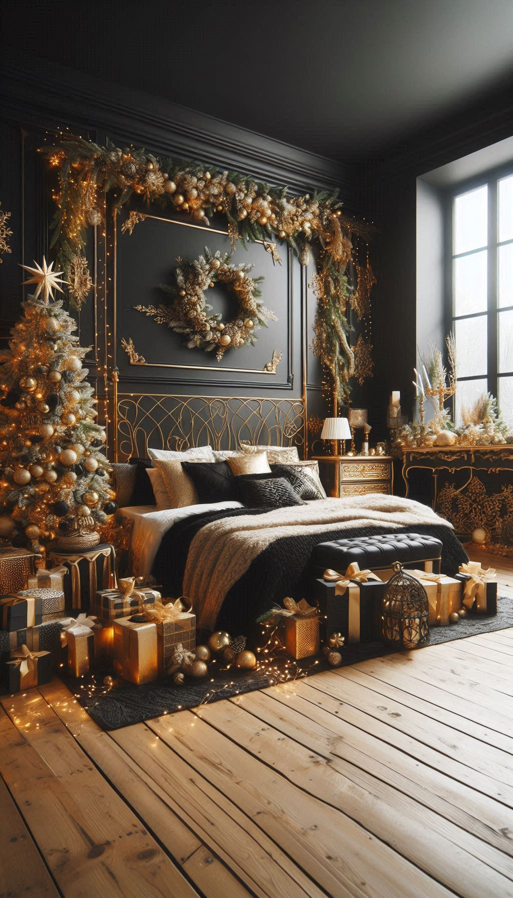 Create a luxurious holiday retreat with black and golden Christmas bedroom decorations. Perfect for a warm and glamorous vibe!