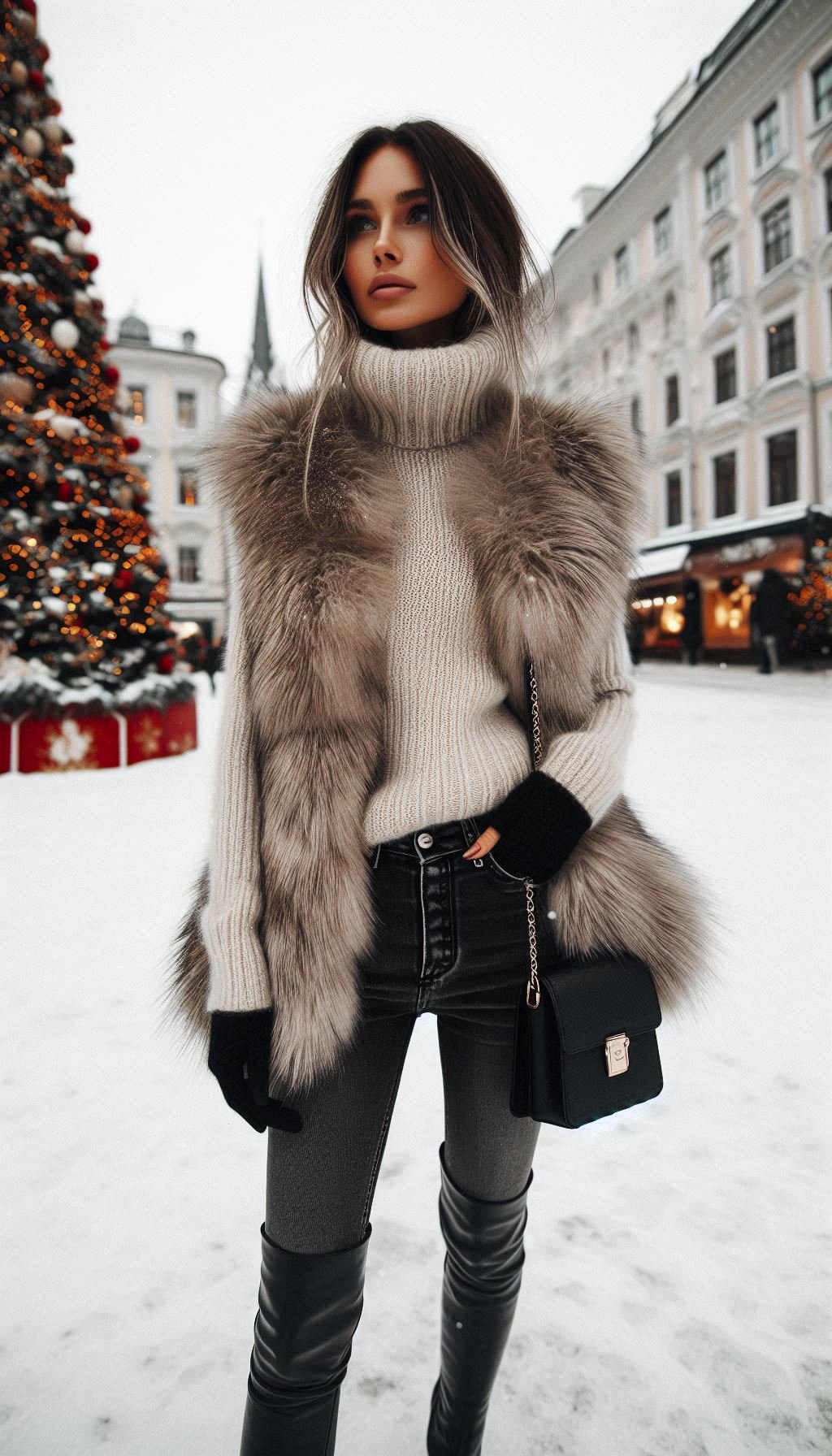85 Effortlessly Chic Christmas Outfit Ideas That Slay | Pocoko Turn heads this Christmas in a faux fur vest and skinny jeans. Effortlessly stylish and perfect for festive celebrations!