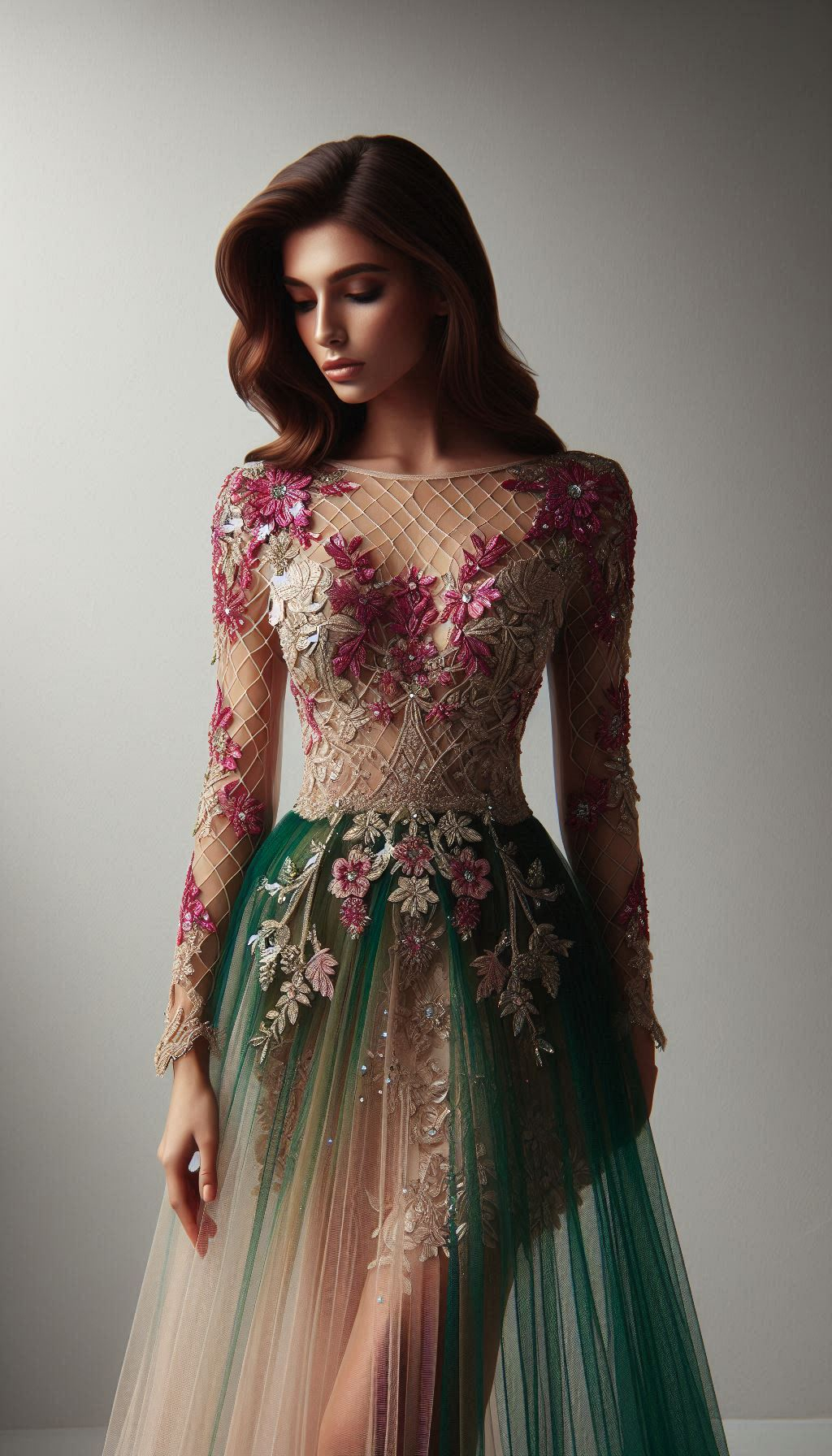 Turn heads in a stunning fuchsia dress adorned with green floral embroidery. Fresh, fashionable, and fabulously unique!