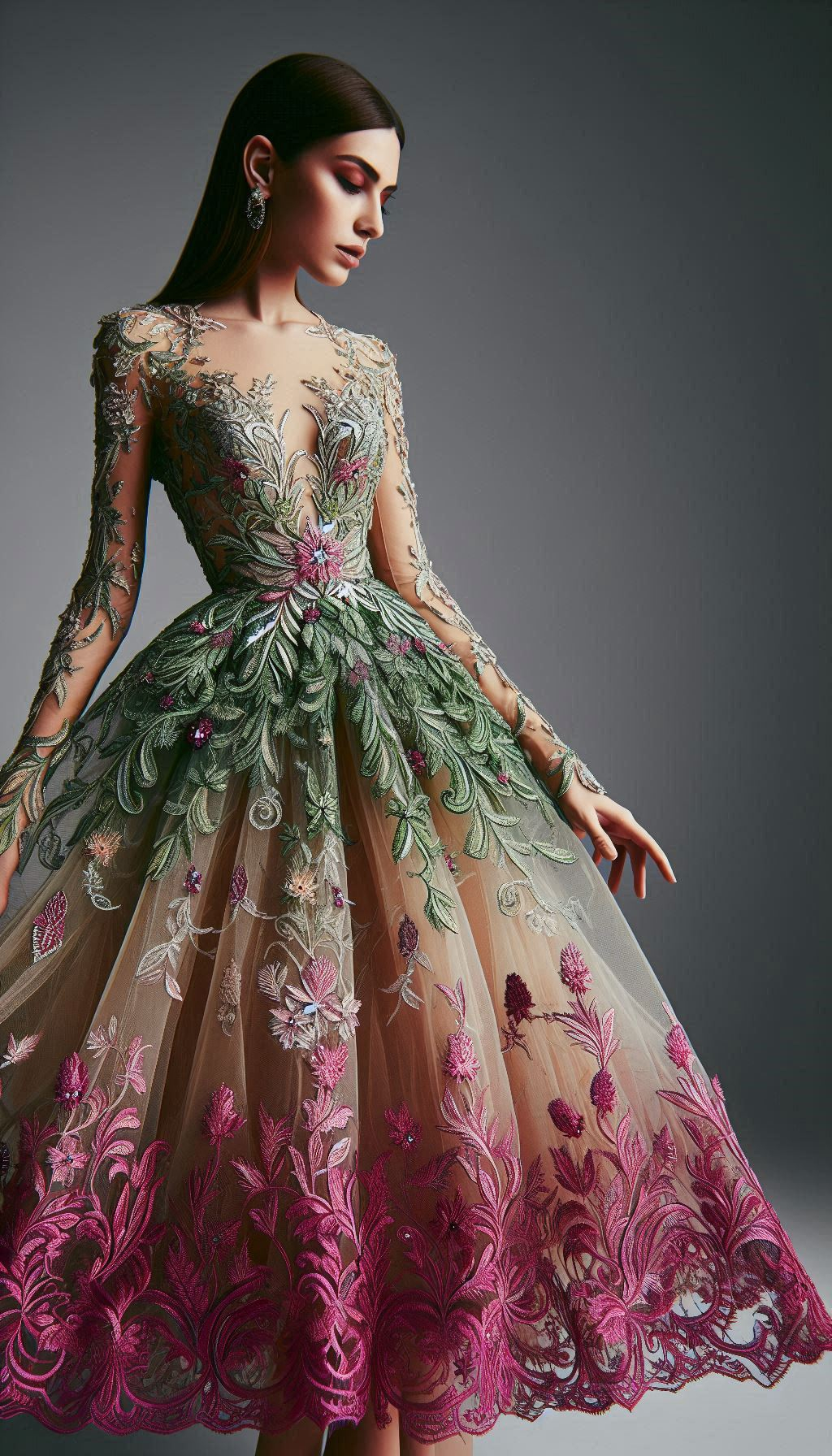 Step into the spotlight with a fuchsia dress featuring green floral embroidery. Perfect for standing out in style!