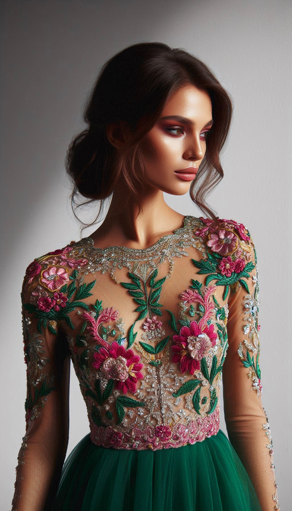 Turn heads in a stunning fuchsia dress adorned with green floral embroidery. Fresh, fashionable, and fabulously unique!