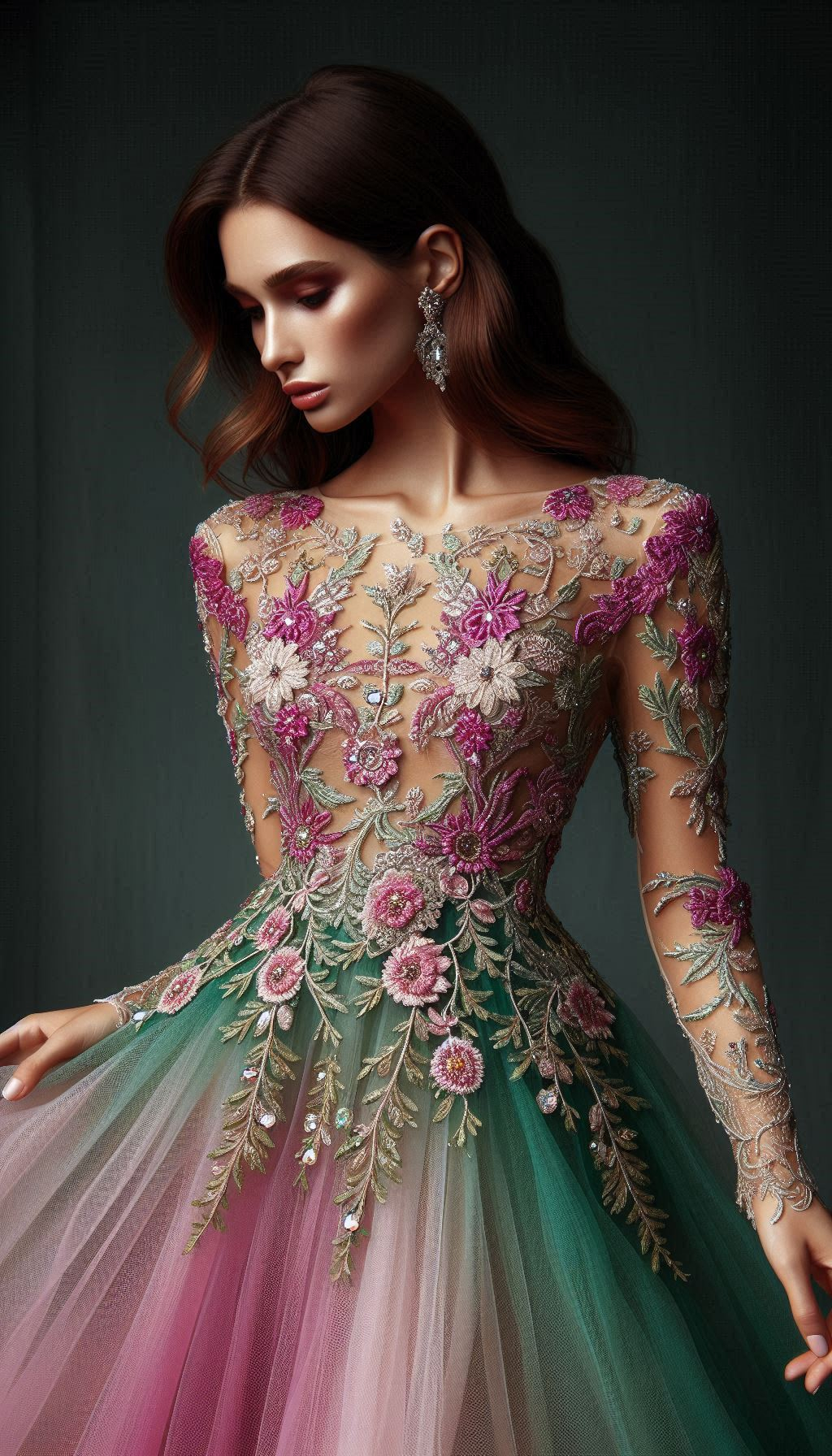 Step into the spotlight with a fuchsia dress featuring green floral embroidery. Perfect for standing out in style!