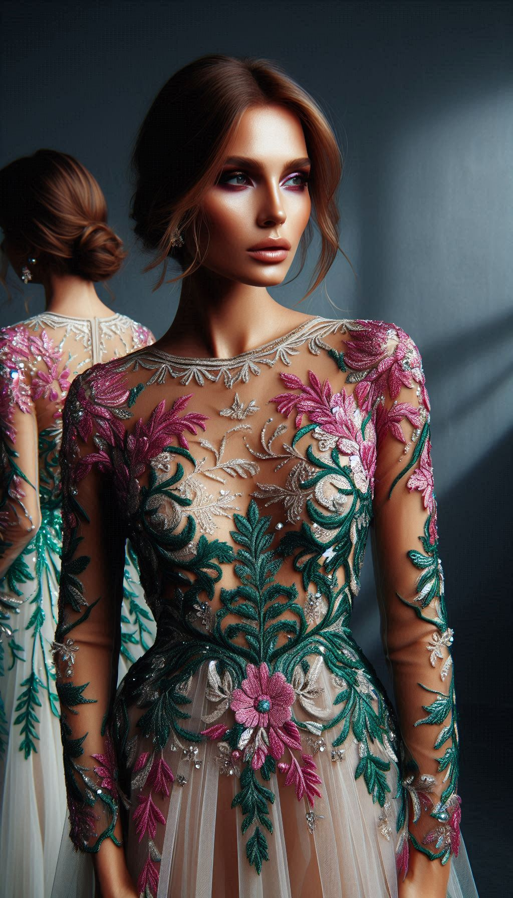 Celebrate in style with a fuchsia dress adorned with green floral embroidery. Elegant, vibrant, and full of charm!