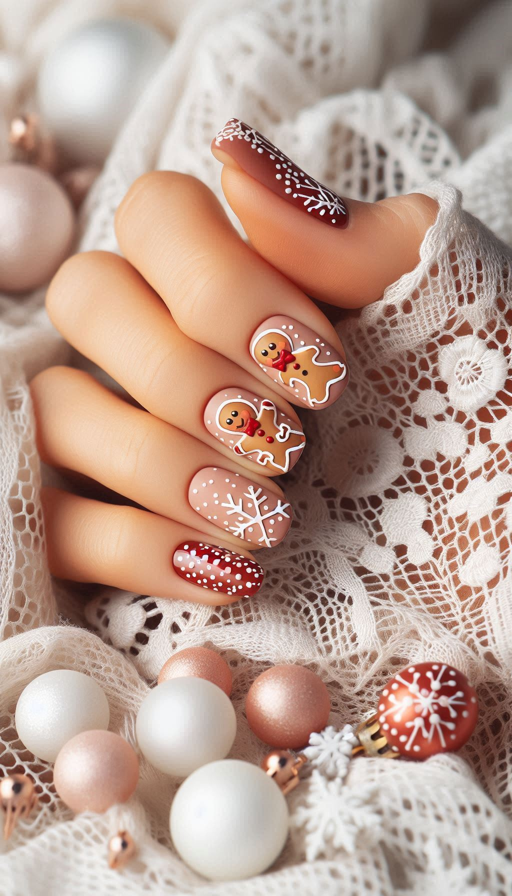 Bake up some holiday cheer with gingerbread man nails. Perfect for a sweet and playful Christmas look!