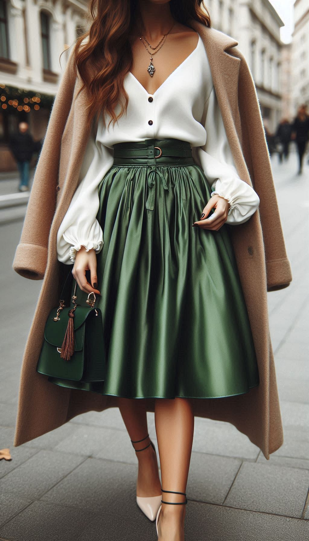Channel holiday elegance with a green midi skirt and white blouse. Ideal for any festive occasion, this combo offers the perfect blend of style and comfort.