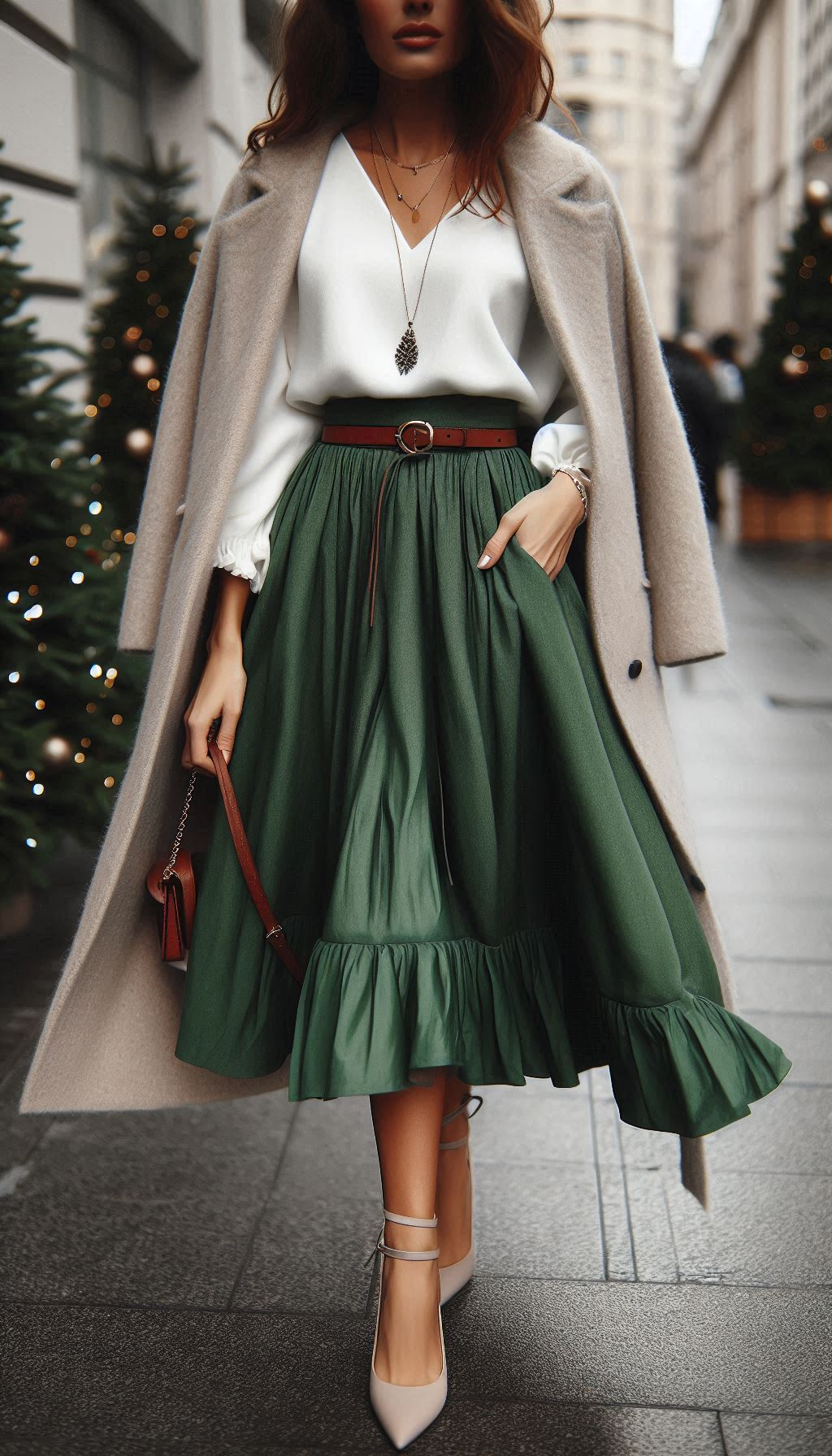Look effortlessly chic this Christmas with a green midi skirt and white blouse. A classy combo that promises to keep you stylish and comfortable throughout the festivities!