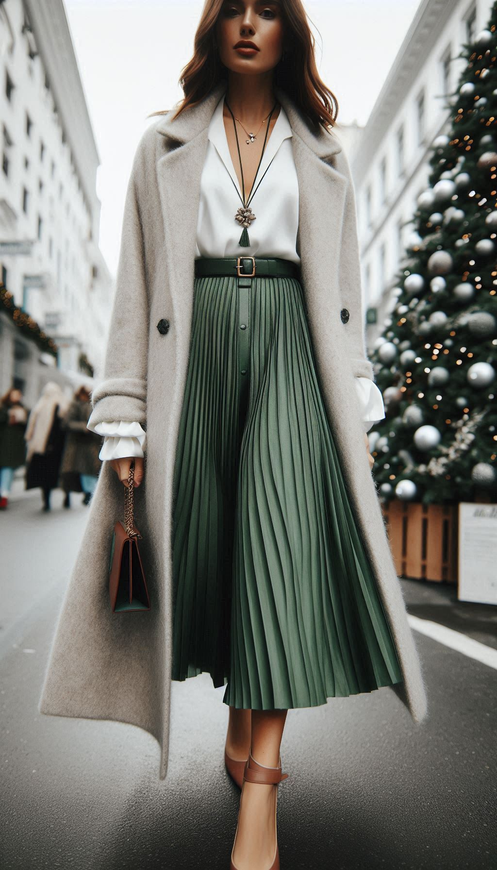 Elegant and festive, a green midi skirt with a white blouse is your go-to holiday look. Perfect for family gatherings or festive brunches—chic, comfy, and oh-so-stylish!
