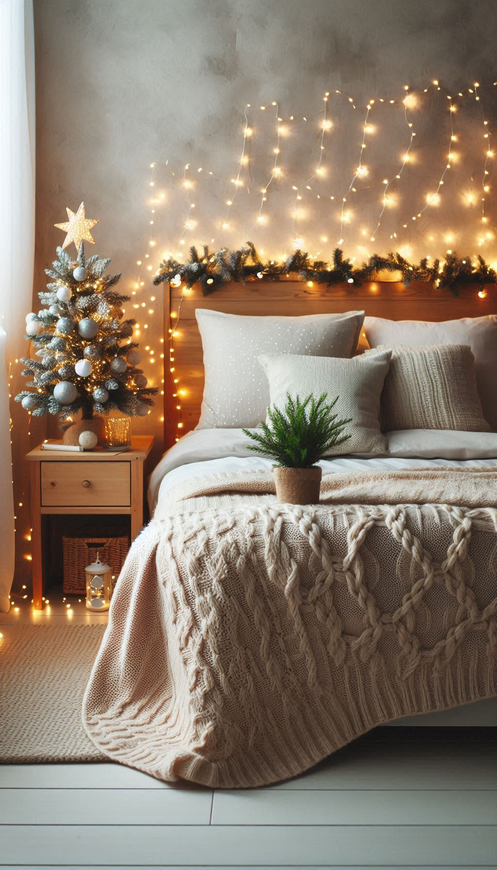 Transform your bedroom into a serene winter haven with grey and silver Christmas decorations. Elegant and festive, perfect for a cozy holiday!