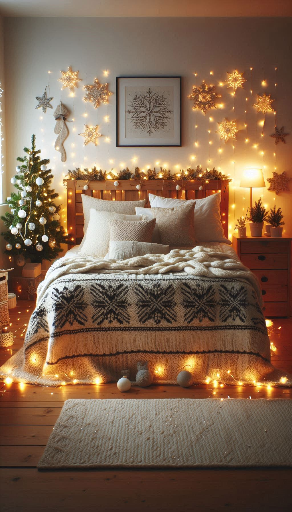 Let your bedroom shine with the elegance of grey and silver Christmas decorations. A sleek and stylish holiday retreat!