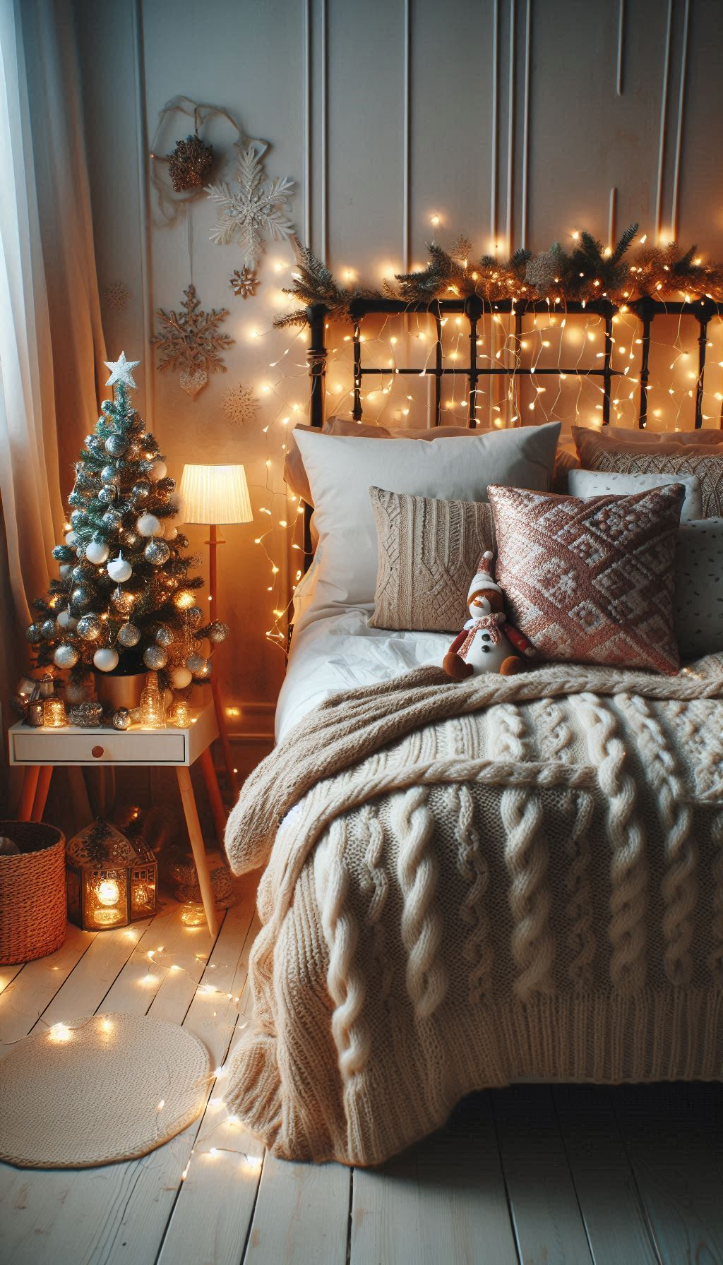 Embrace the serene charm of grey and silver Christmas decorations. Perfect for creating a cozy and elegant holiday bedroom!