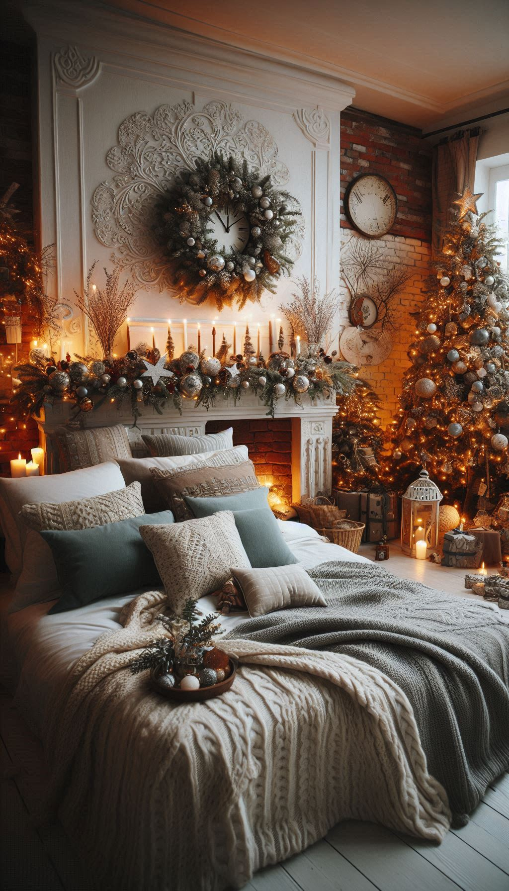 Embrace the cool elegance of grey and silver Christmas decorations. Your bedroom will feel like a sophisticated winter wonderland!