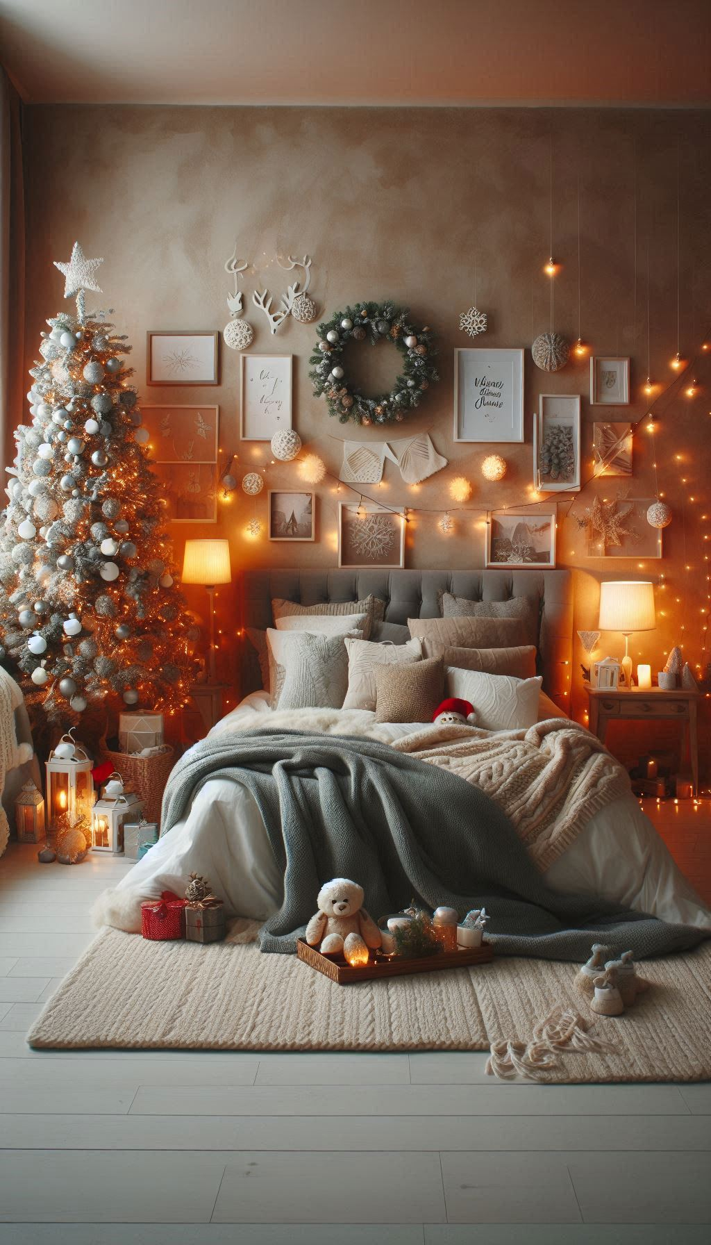 Deck your bedroom in grey and silver for a chic holiday look. Festive, serene, and utterly sophisticated!