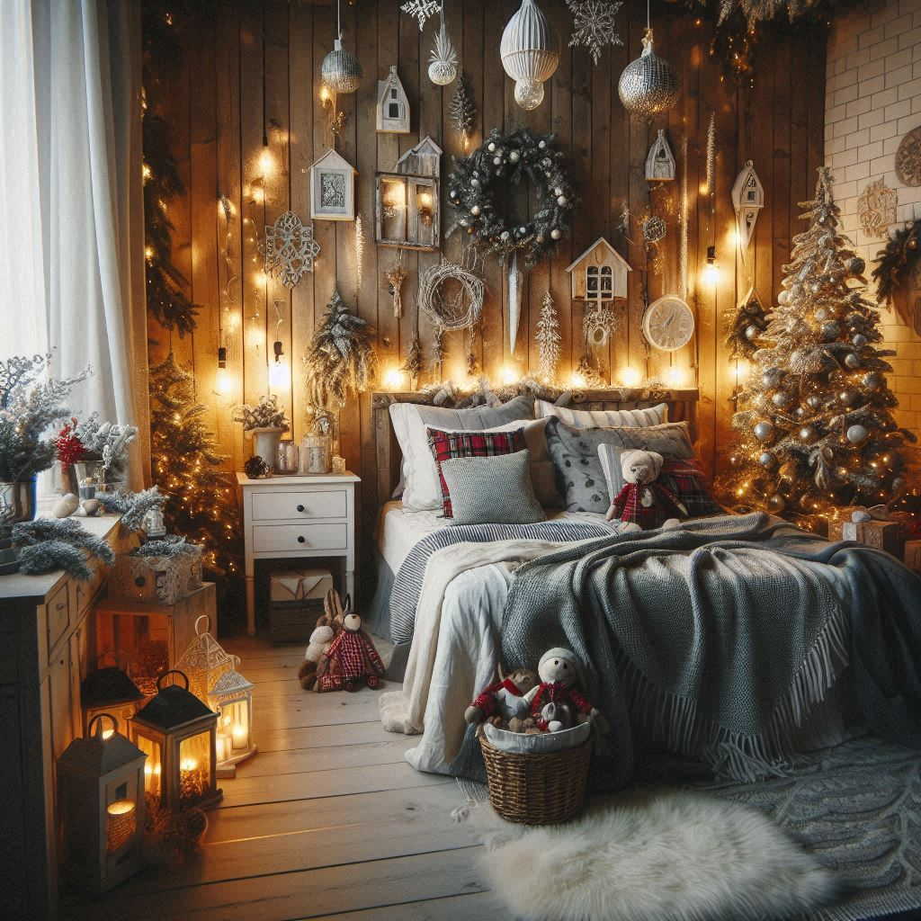 Add a touch of winter elegance to your bedroom with grey and silver Christmas decorations. Sophisticated and cozy for the holidays!