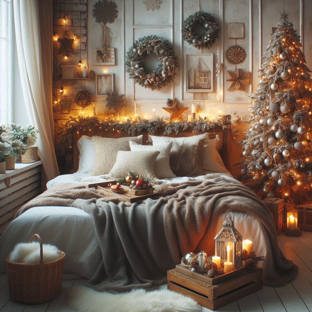 Grey and silver Christmas decorations bring a touch of sophistication to your bedroom. Perfect for a serene and festive ambiance!