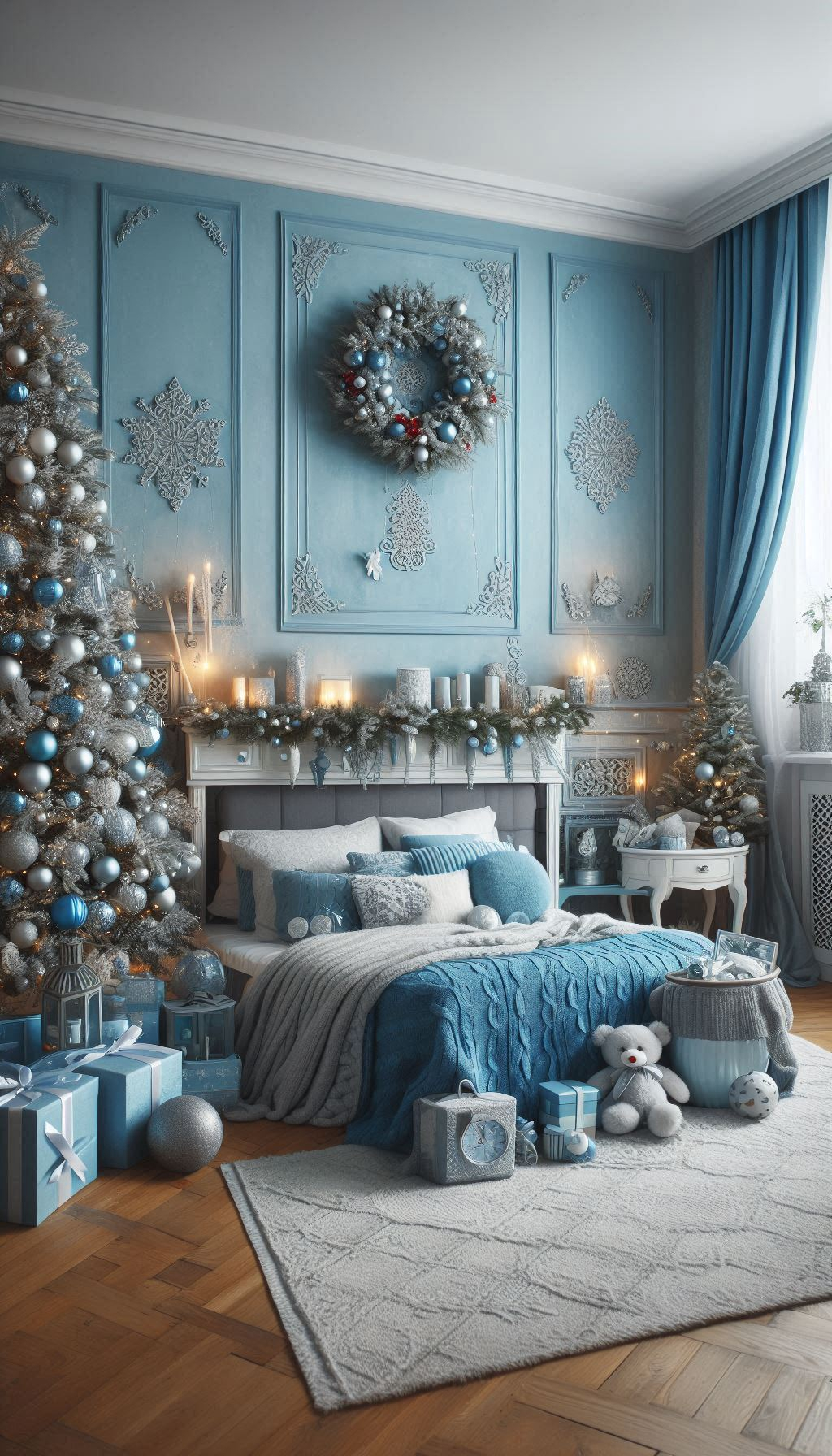 Transform your bedroom into a tranquil winter wonderland with ice blue Christmas decorations. The perfect way to embrace the festive season!