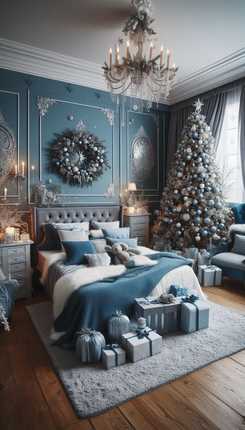 Embrace the cool charm of winter with ice blue Christmas bedroom decorations. Your space will feel like a peaceful snowy retreat!