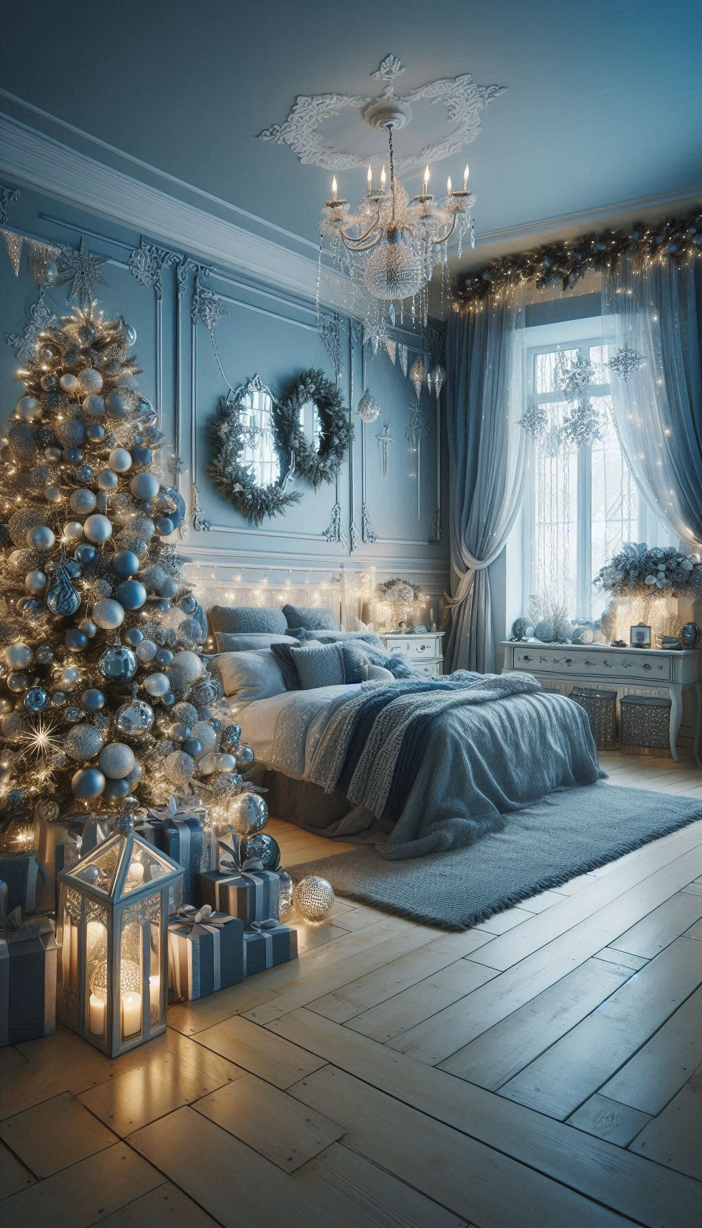 Turn your bedroom into an icy haven with stunning ice blue decorations. Perfect for adding a touch of frosty elegance this Christmas!