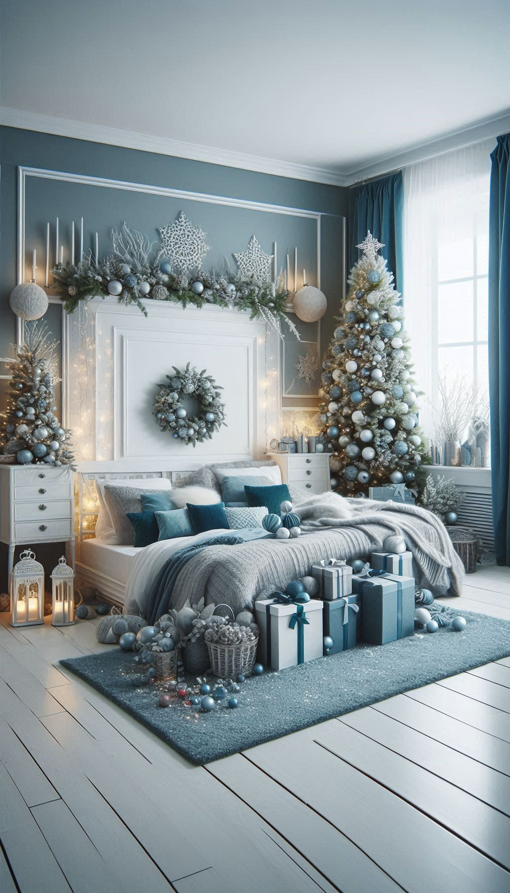 Create a magical winter wonderland in your bedroom with ice blue Christmas decorations. It's like sleeping in a serene snow globe!