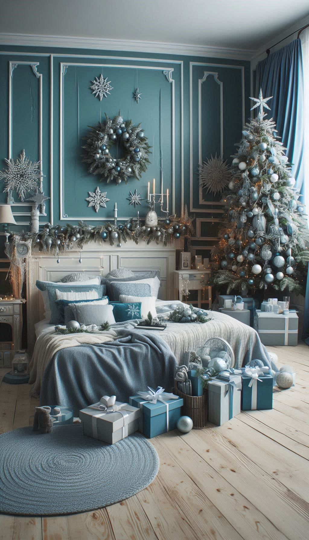 Add a frosty touch to your festive decor with ice blue Christmas bedroom decorations. Your space will be the epitome of winter elegance!