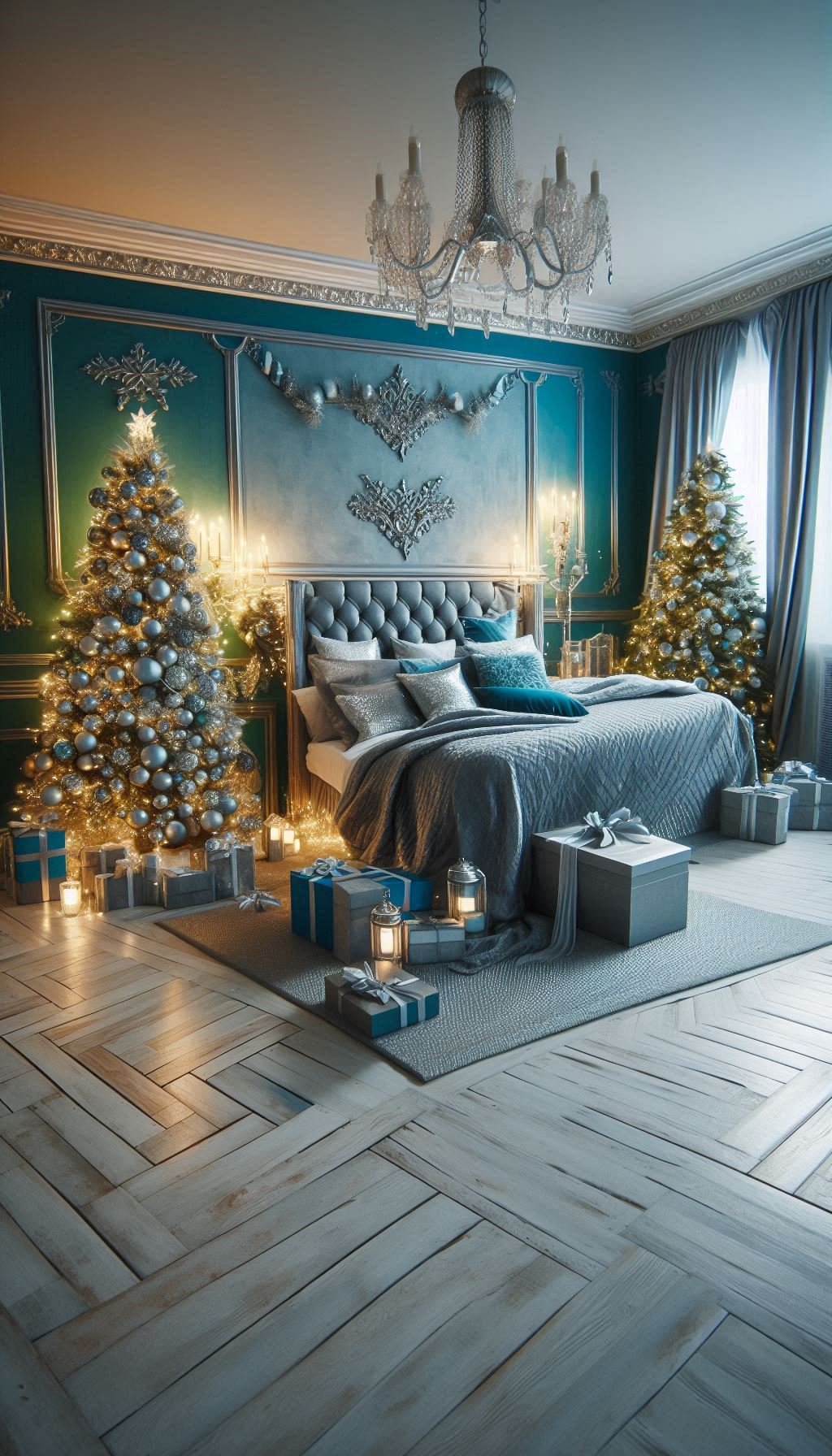 Turn your bedroom into a serene, snowy retreat with ice blue Christmas decorations. Perfect for a peaceful and stylish holiday look!