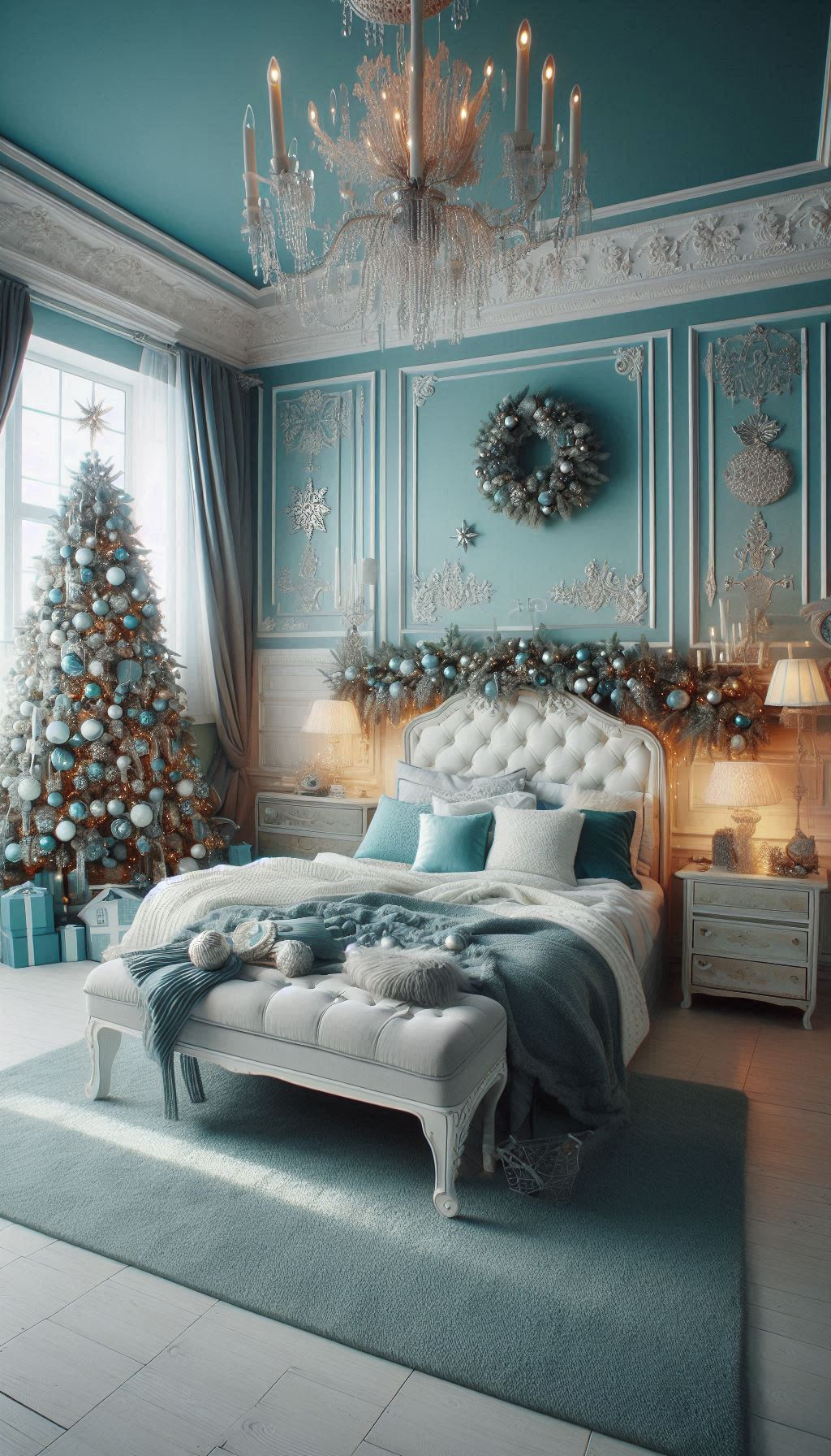 Let your bedroom sparkle with the icy elegance of ice blue Christmas decorations. A perfect blend of festive charm and winter magic!