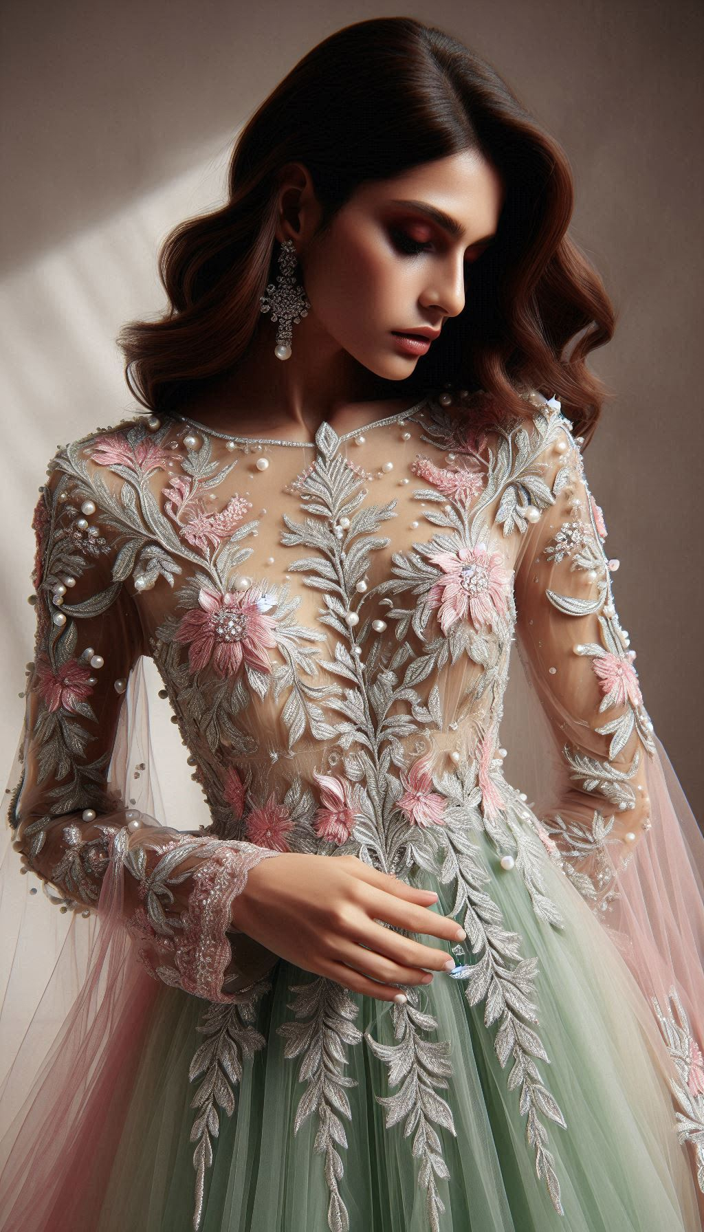 Embrace the charm of mint and pink floral embroidery. Fresh, whimsical, and perfect for adding a touch of elegance to your wardrobe!