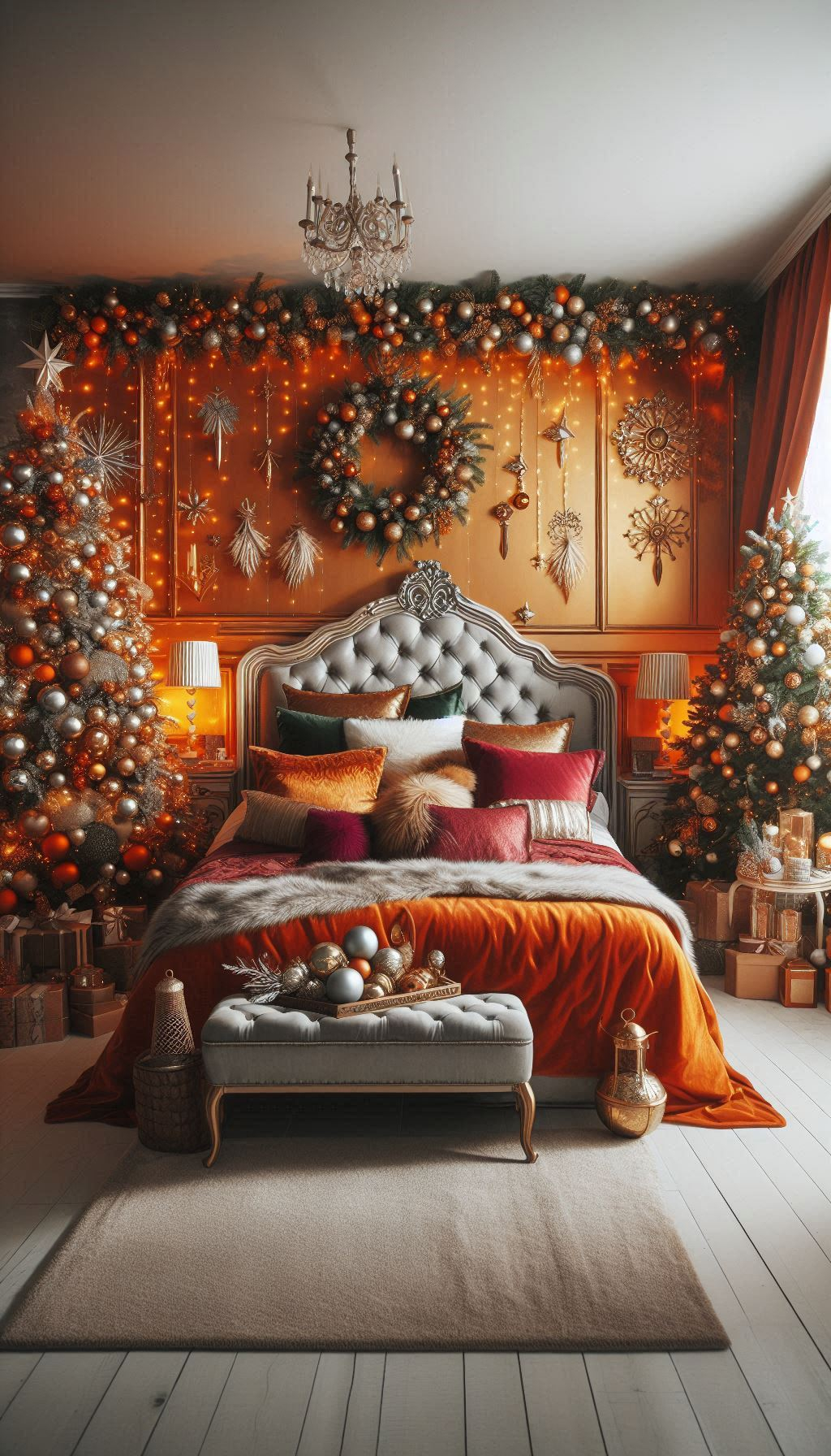 Brighten up your bedroom with vibrant orange Christmas decorations. Perfect for a festive and lively holiday vibe!