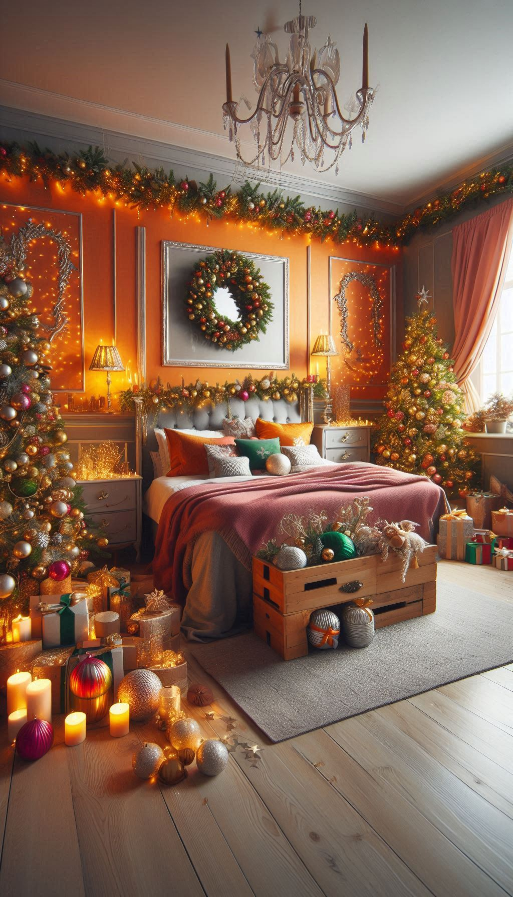 Deck your bedroom in vibrant orange for a festive twist. It’s bold, cheerful, and perfect for the holidays!