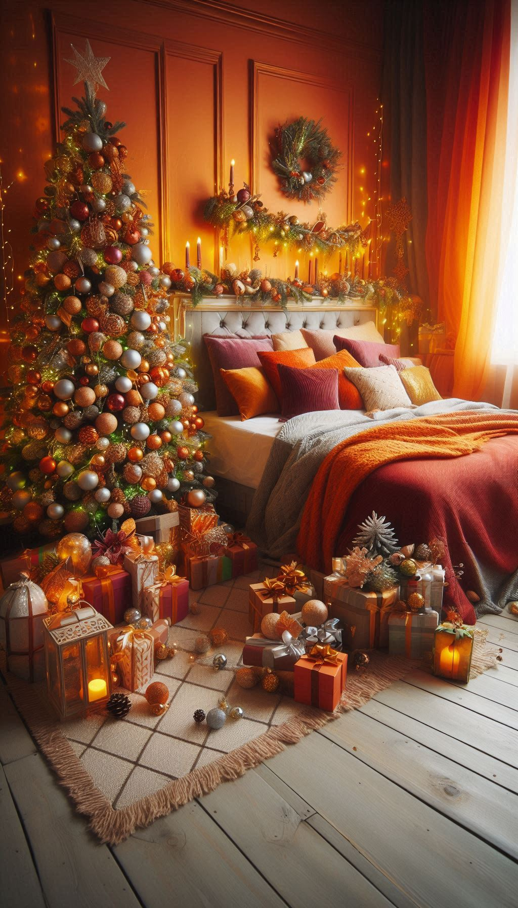 Orange Christmas bedroom decorations bring warmth and joy to your holiday decor. Perfect for a cozy and lively festive retreat!