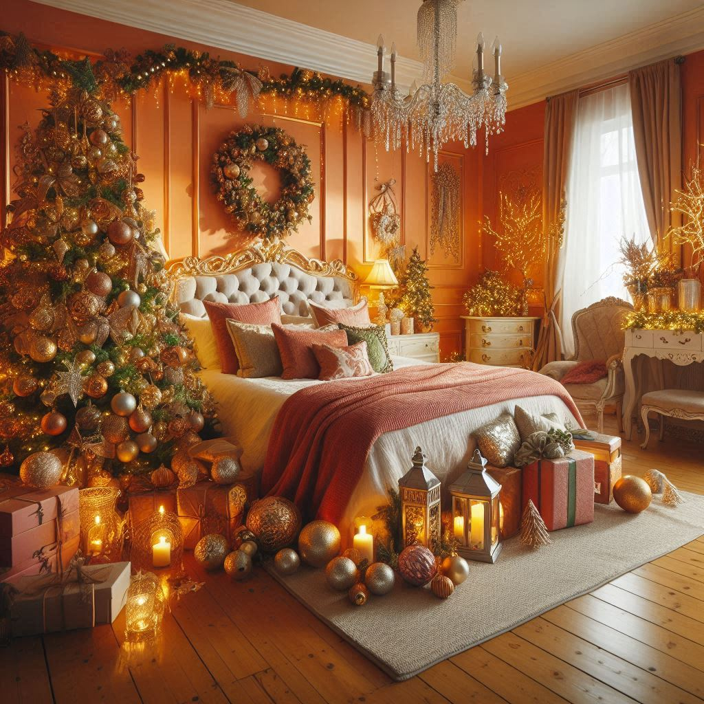 Add a touch of warmth to your holiday decor with orange Christmas bedroom decorations. Cozy and cheerful!