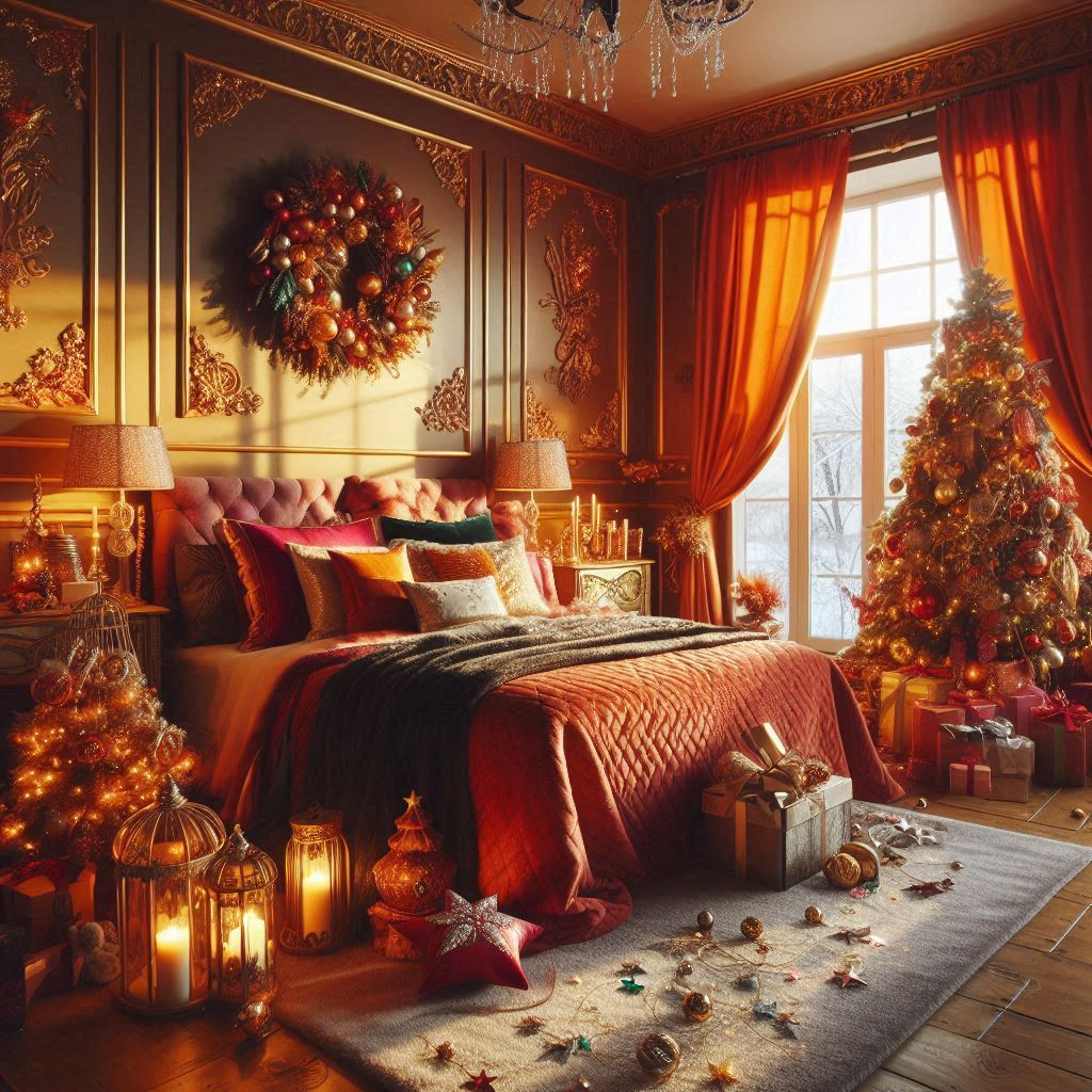 Transform your bedroom into a festive retreat with bold orange decorations. It’s like sunshine and Christmas magic combined!
