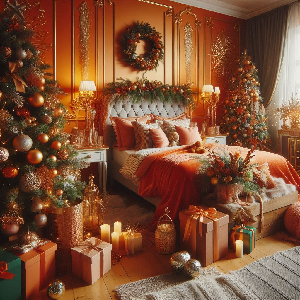 Embrace the unexpected with orange Christmas bedroom decor. Vibrant, cheerful, and delightfully festive!
