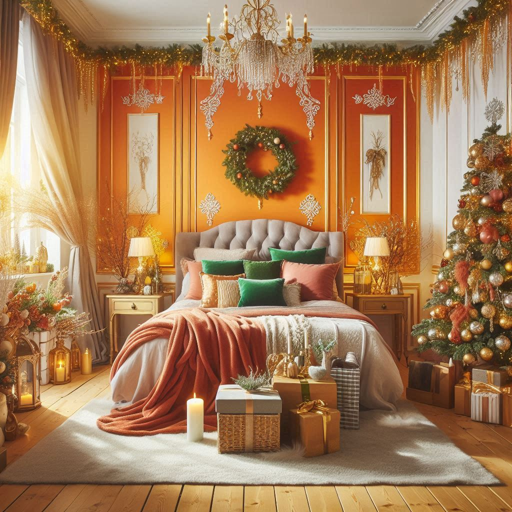 Make your bedroom pop with orange Christmas decorations. A lively twist on traditional holiday colors!