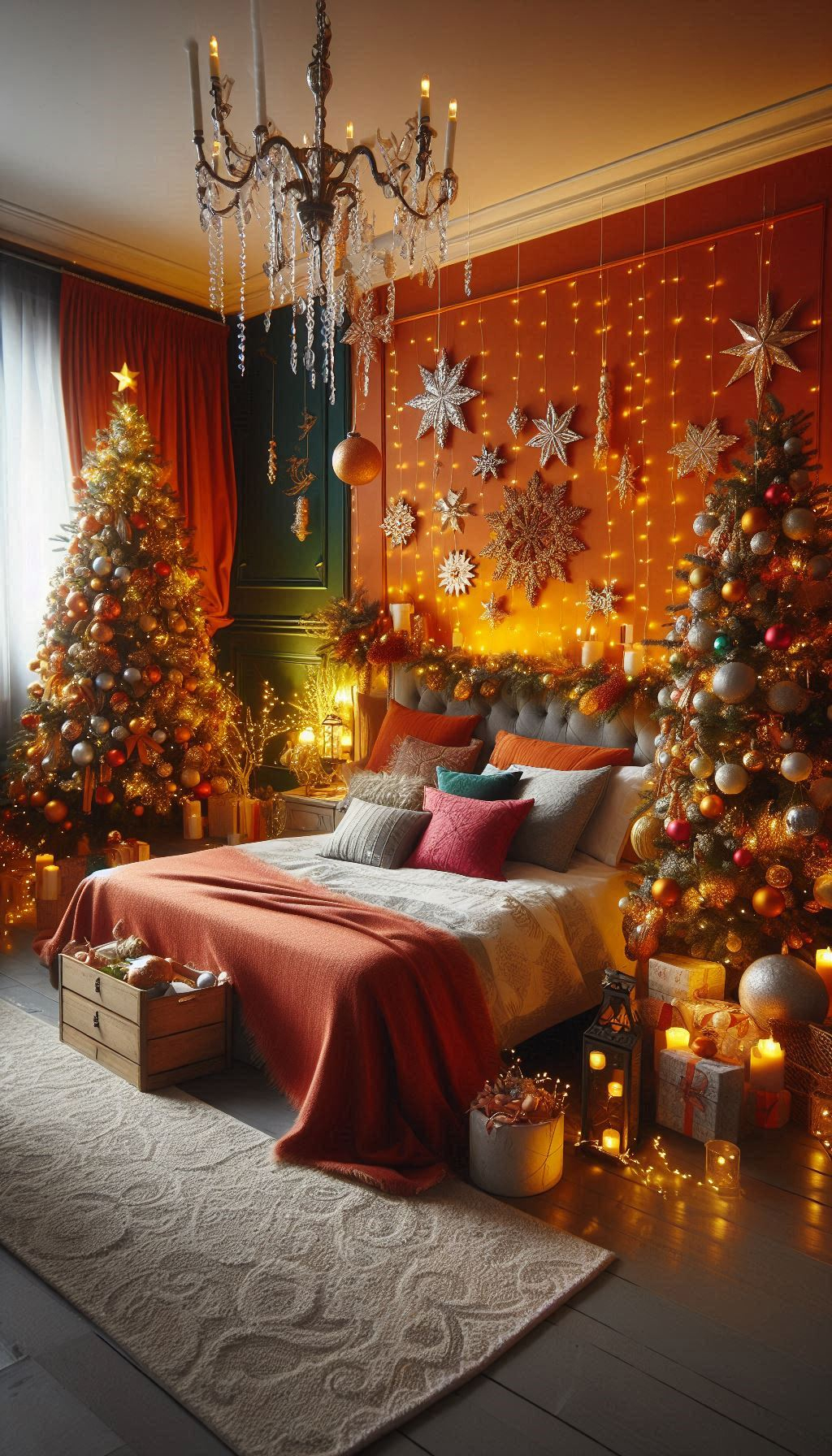 Infuse your space with warmth and cheer with orange Christmas bedroom decorations. Perfect for a festive holiday touch!