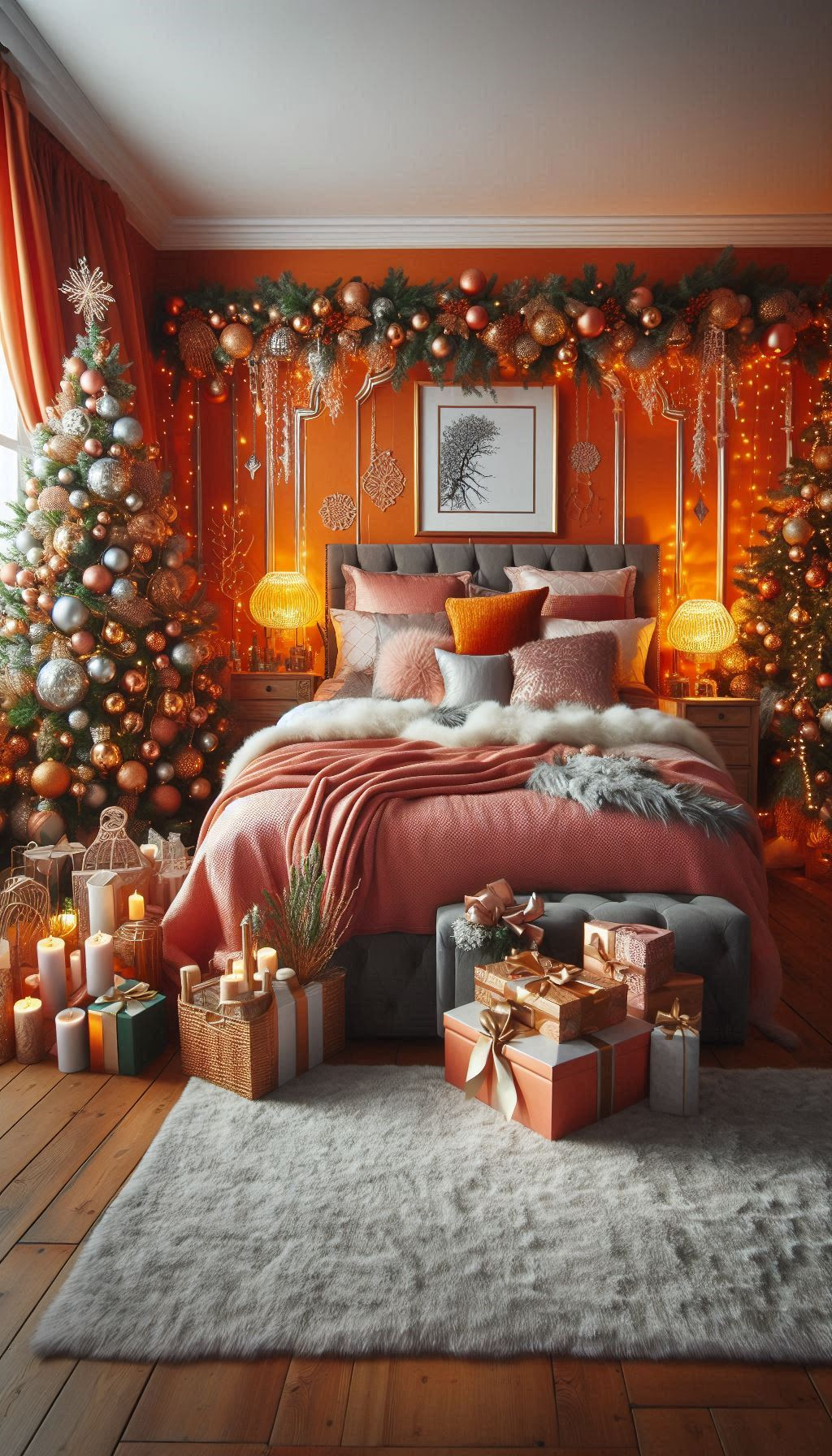 Turn up the festive charm with orange Christmas decorations in your bedroom. Bold, bright, and utterly joyful!