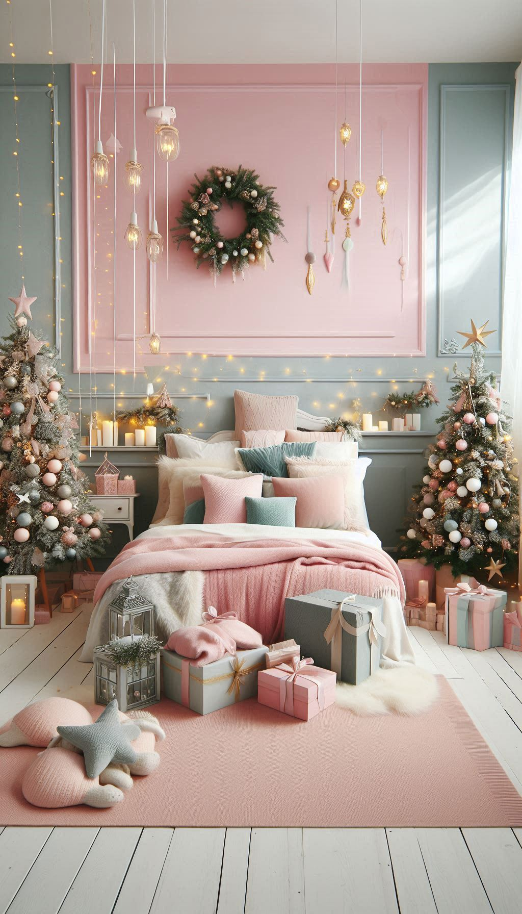 Transform your bedroom into a pastel wonderland this Christmas. Soft hues and festive cheer create a magical holiday retreat!