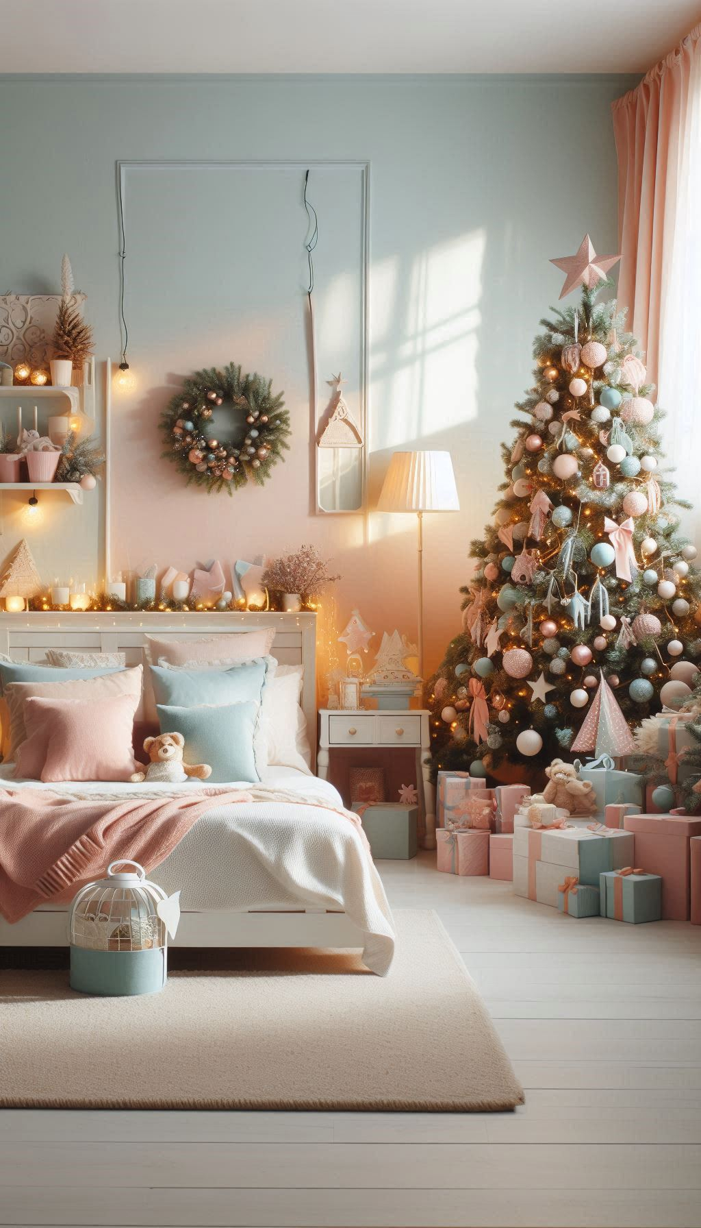 Pastel Christmas decorations bring a touch of enchantment to your bedroom. Light, soothing colors for a festive and peaceful vibe!