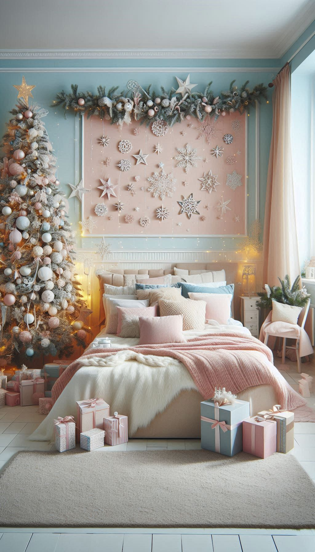 Transform your bedroom with pastel Christmas decorations. Soft, enchanting hues for a cozy and magical holiday retreat!