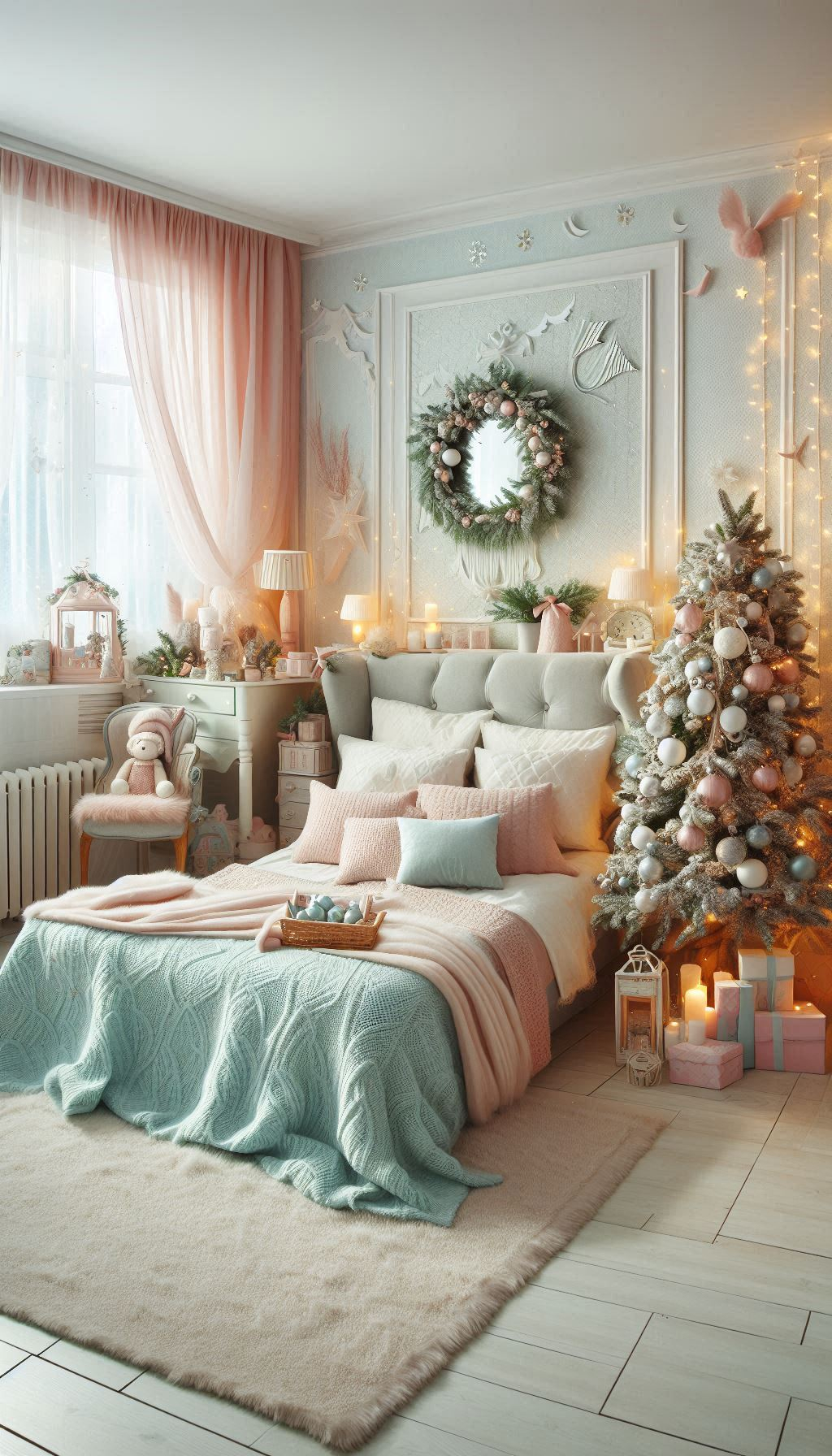 Bring pastel charm to your Christmas bedroom decorations. Soft, dreamy colors for a serene and festive holiday look!