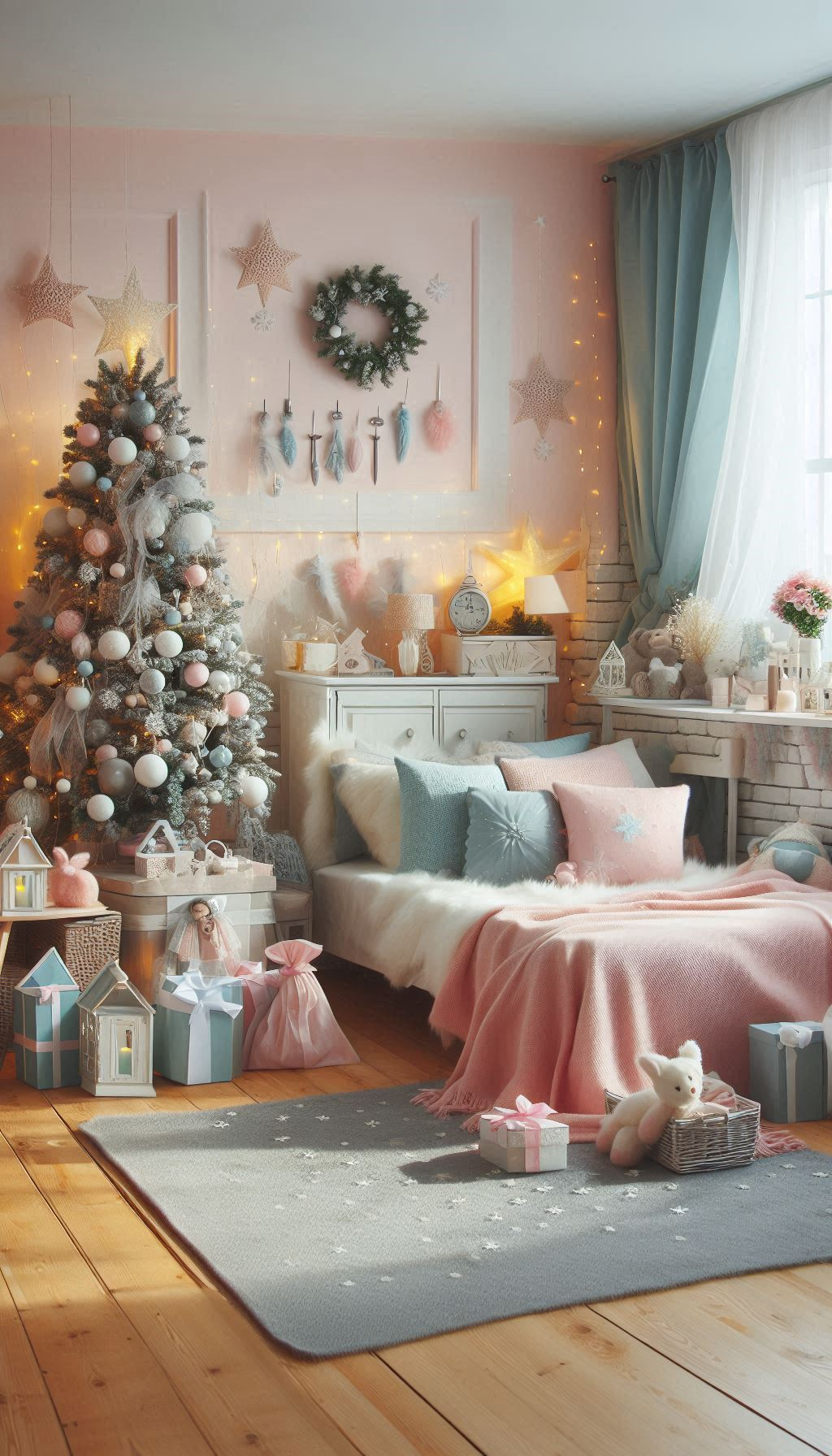 Embrace the charm of pastels with Christmas bedroom decorations. Gentle colors and cozy vibes for a dreamy festive look!