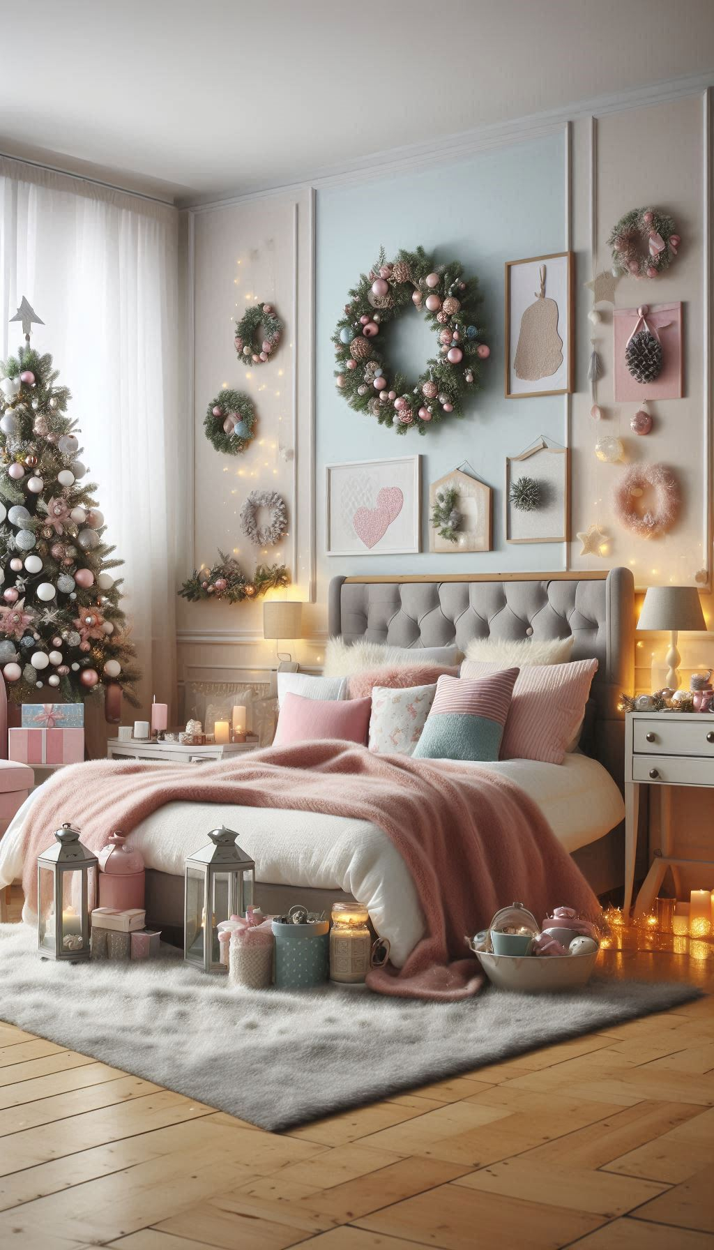 Create a serene holiday retreat with pastel Christmas decorations. Soft, soothing colors make your bedroom a magical escape!