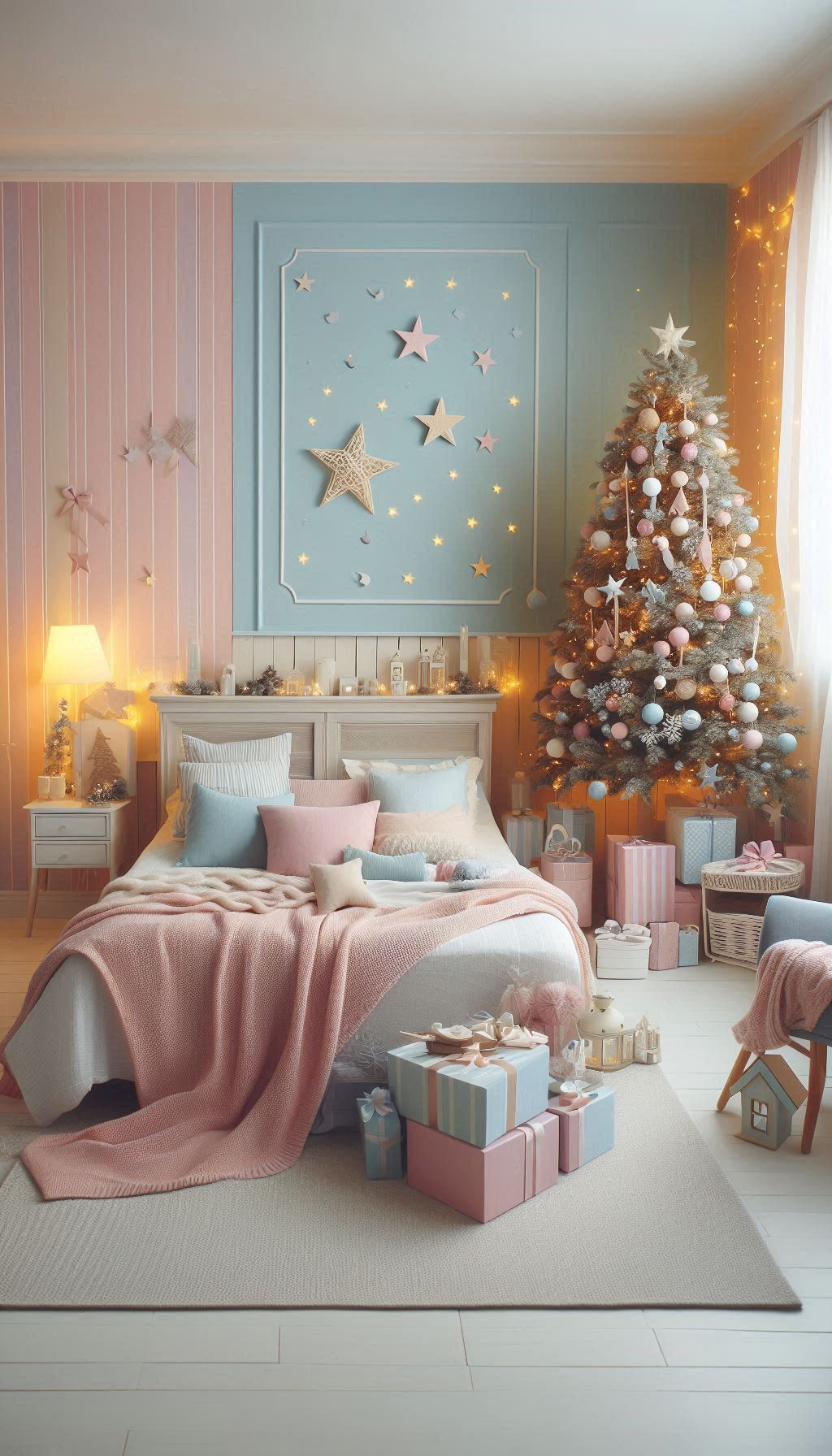 Pastel colors bring a whimsical touch to Christmas bedroom decor. Perfect for a gentle, festive ambiance!