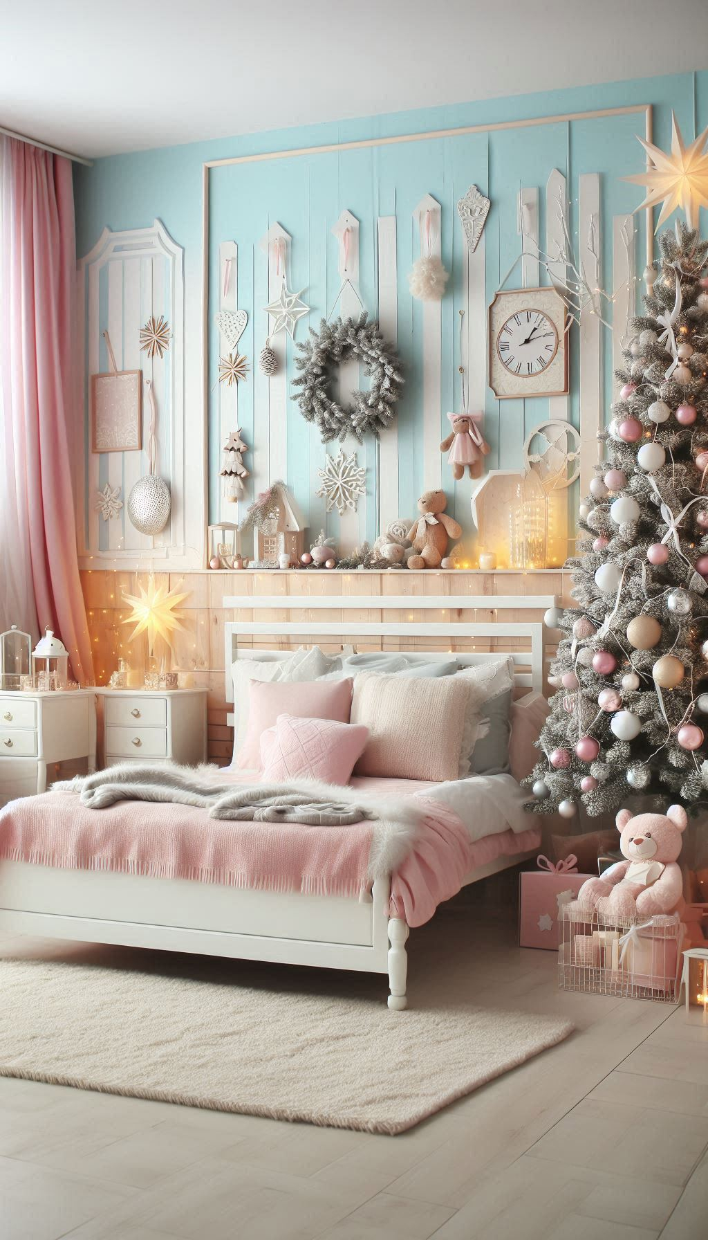 Infuse your bedroom with pastel magic this Christmas. Soft pinks, blues, and greens create a tranquil holiday haven!