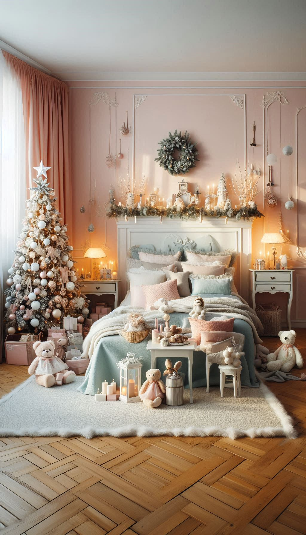 Deck your bedroom in pastel colors for a whimsical Christmas. Light, airy tones create a festive yet calming vibe!